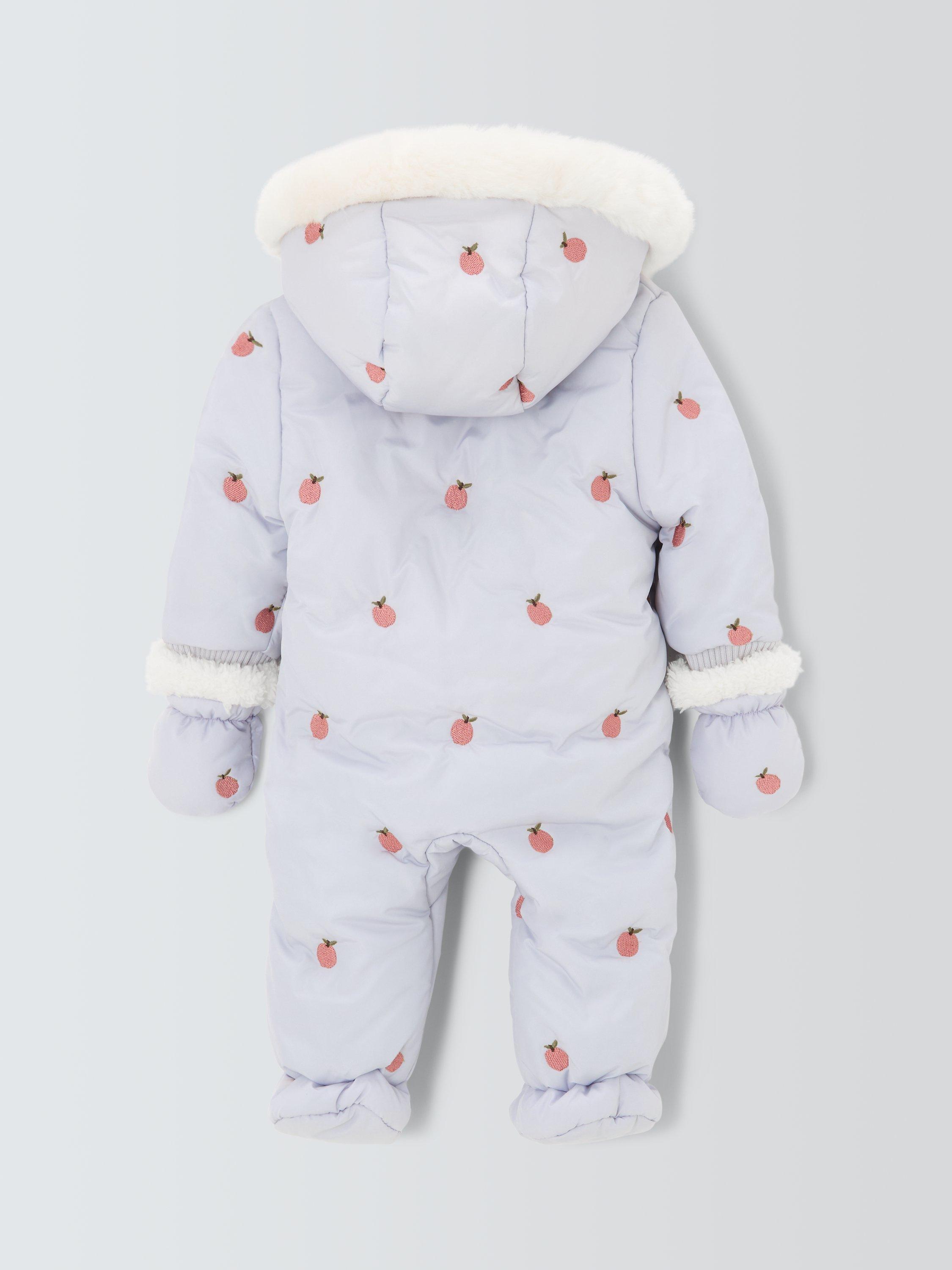 Product image 2 of 3, which shows John Lewis Baby Apple Embroidered Snowsuit, Purple, Newborn