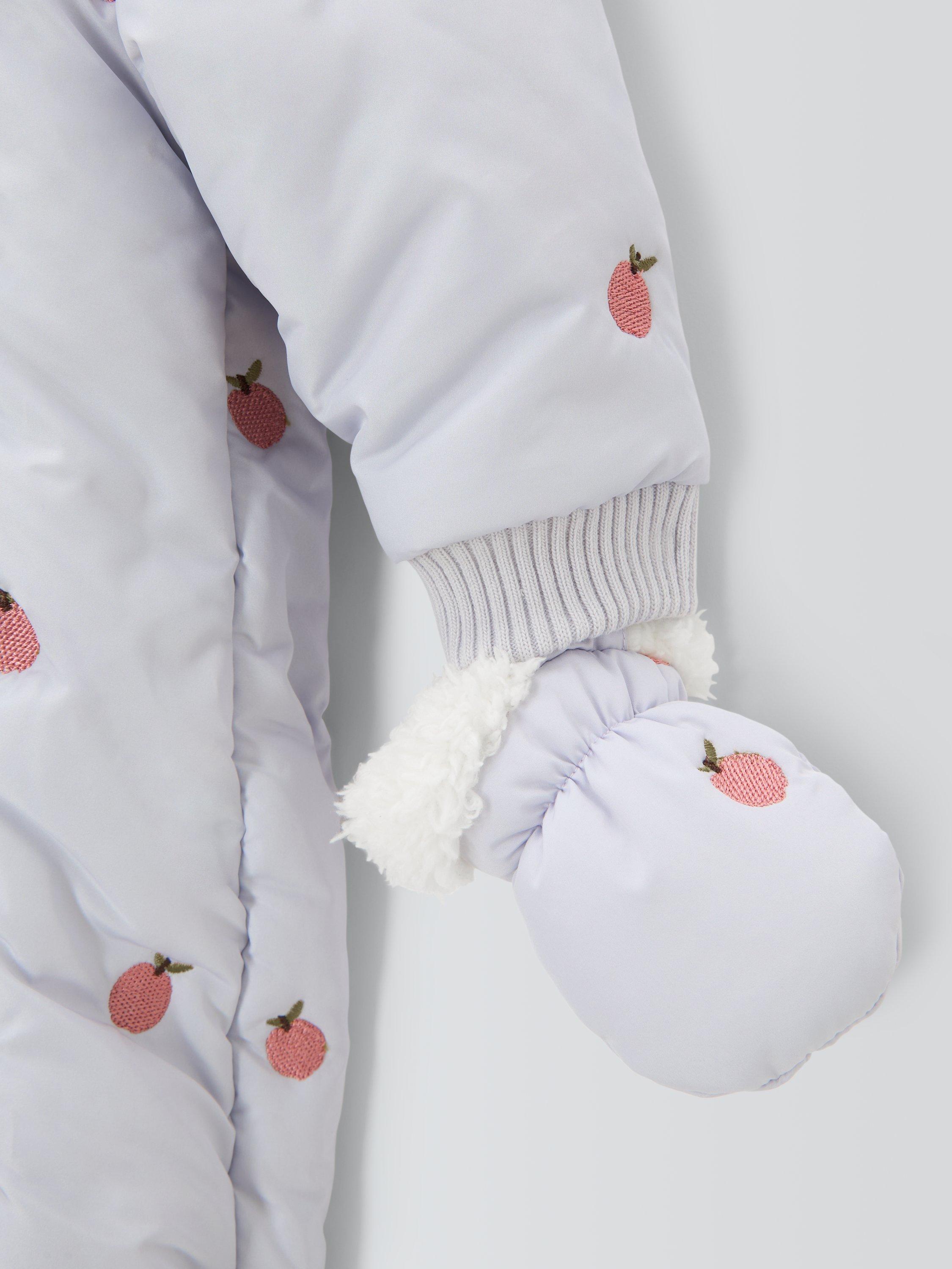 Product image 3 of 3, which shows John Lewis Baby Apple Embroidered Snowsuit, Purple, Newborn