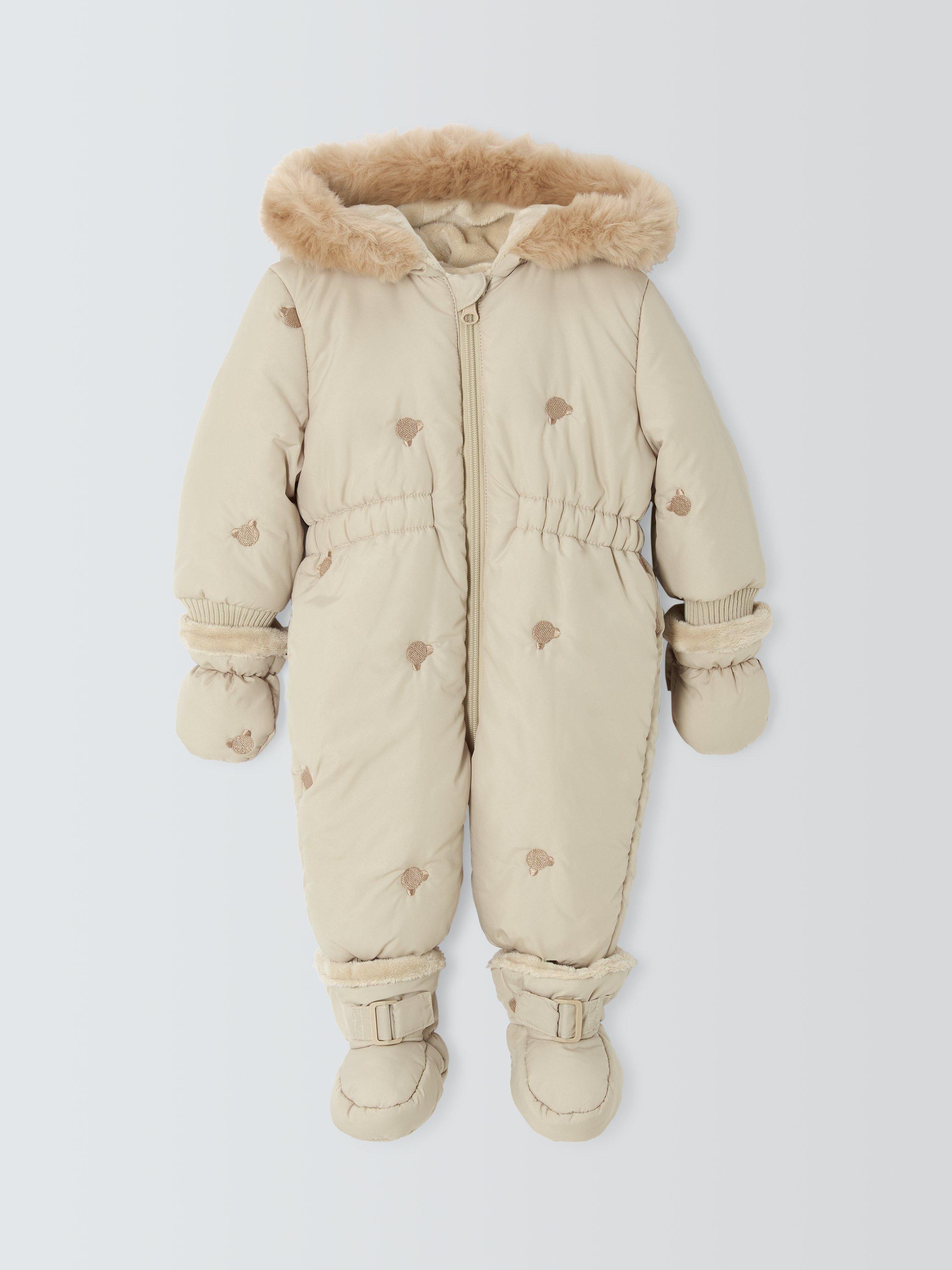 John Lewis Baby Teddy Bear Embroidered Snowsuit, Natural