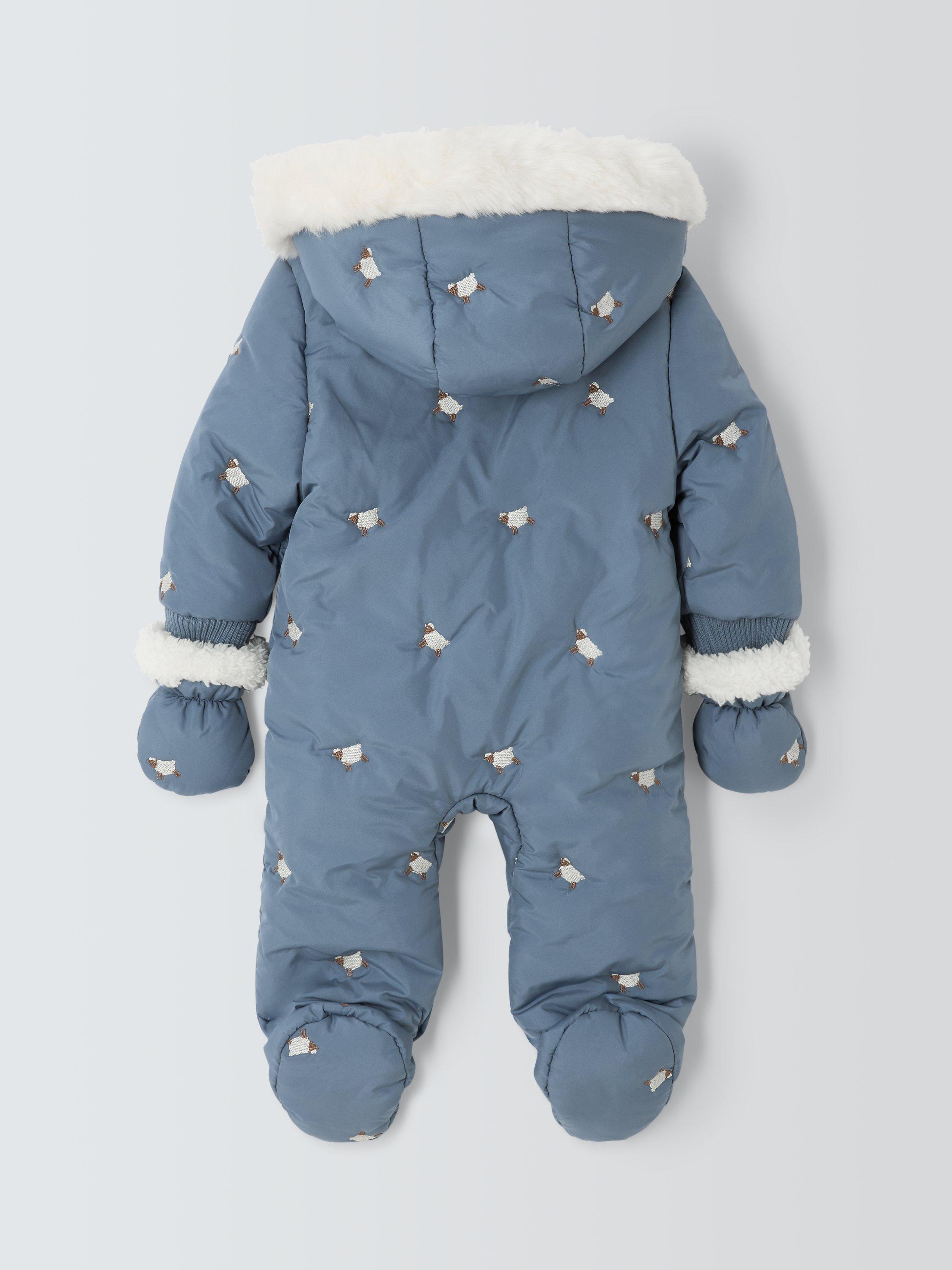Product image 2 of 3, which shows John Lewis Baby Sheep Embroidered Snowsuit, Blue, Newborn