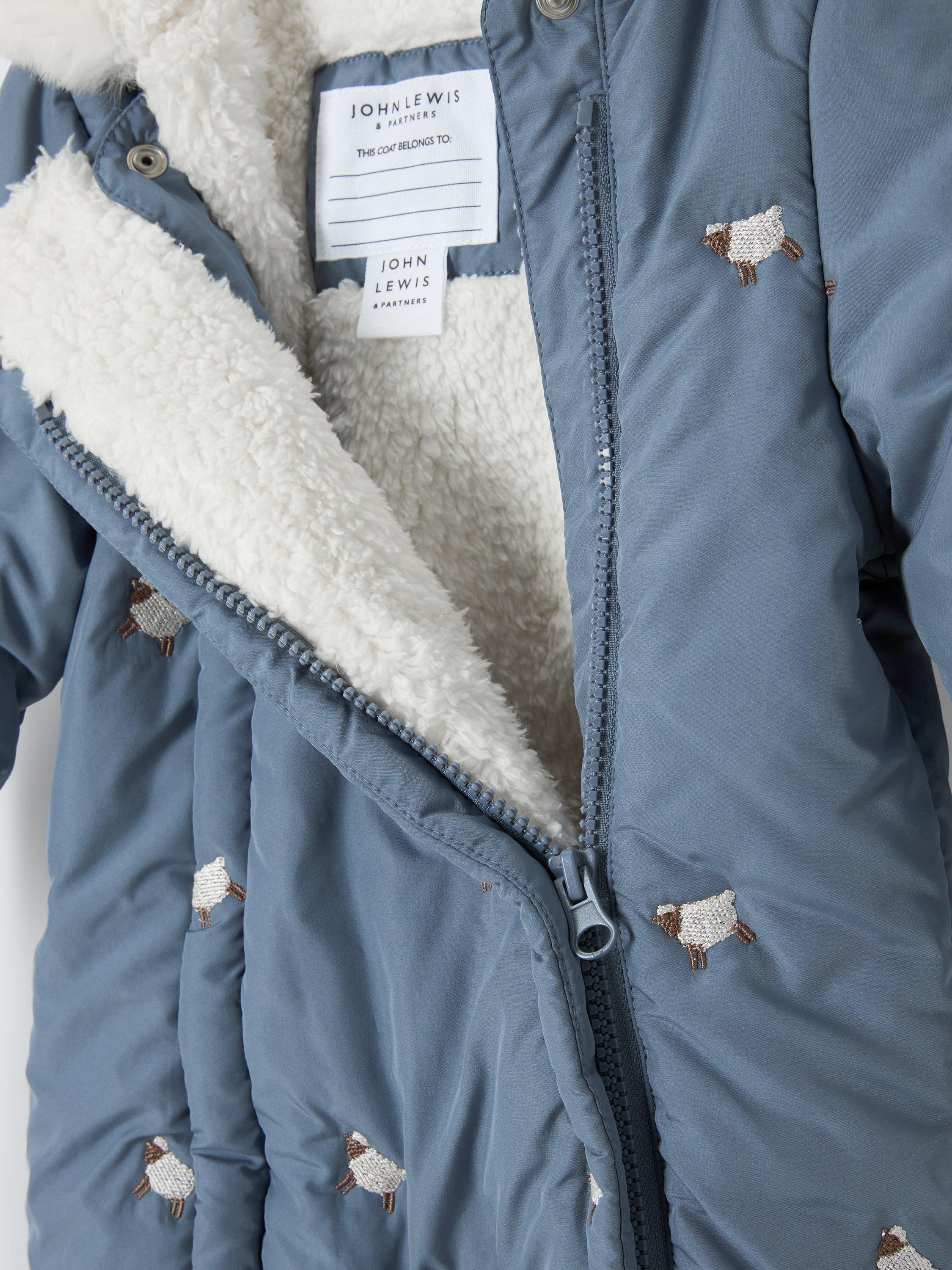 Product image 3 of 3, which shows John Lewis Baby Sheep Embroidered Snowsuit, Blue, Newborn
