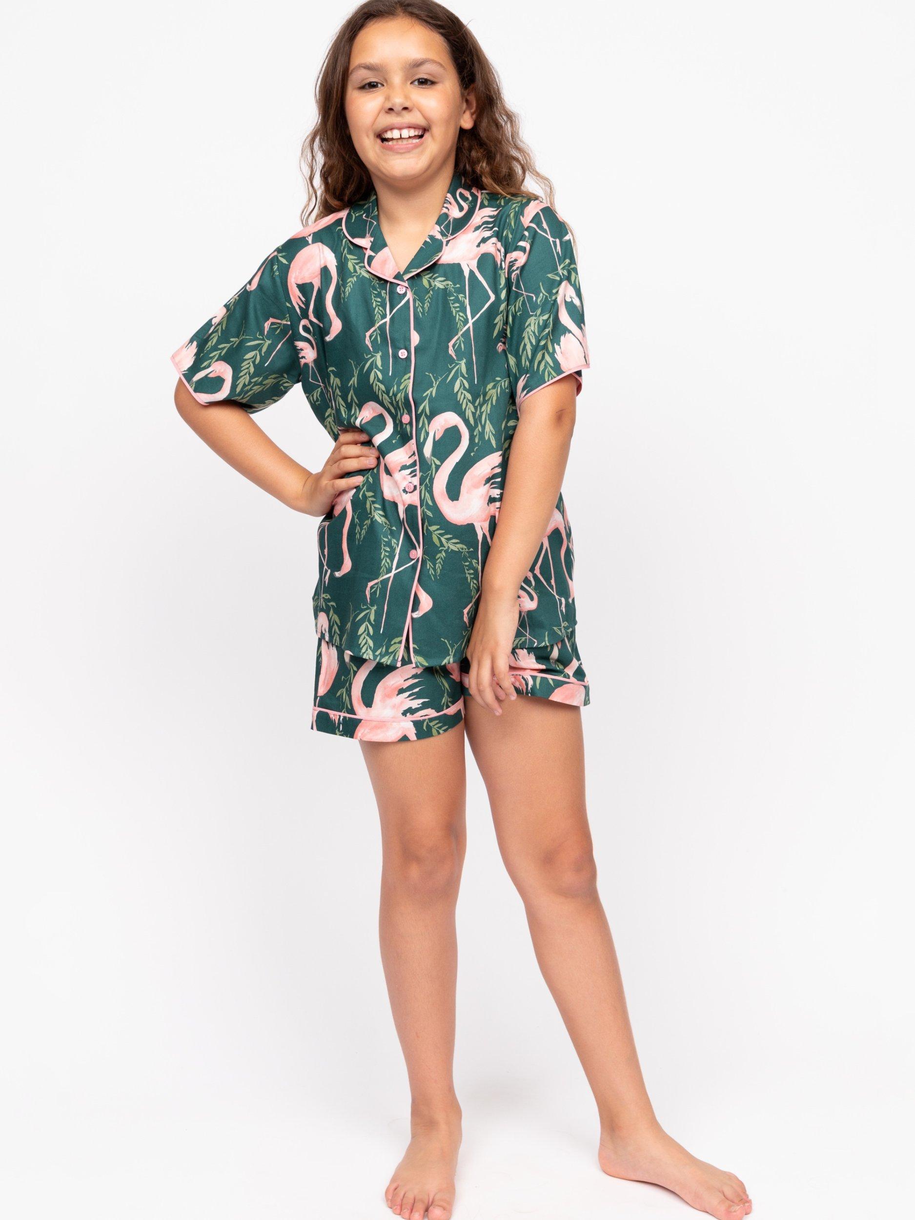 Product image 1 of 4, which shows Minijammies Kids' Flamingo Print Shortie Pyjama Set, Emerald Green/Multi, 2-3 years