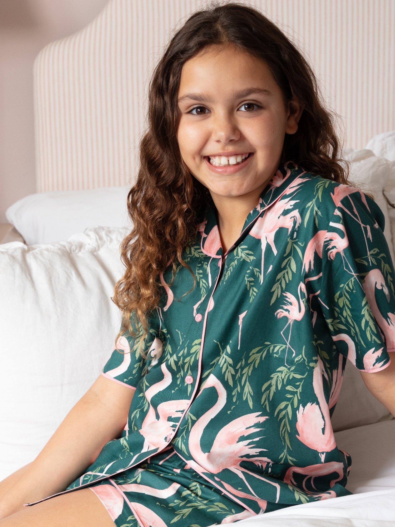 Product image 3 of 4, which shows Minijammies Kids' Flamingo Print Shortie Pyjama Set, Emerald Green/Multi, 2-3 years
