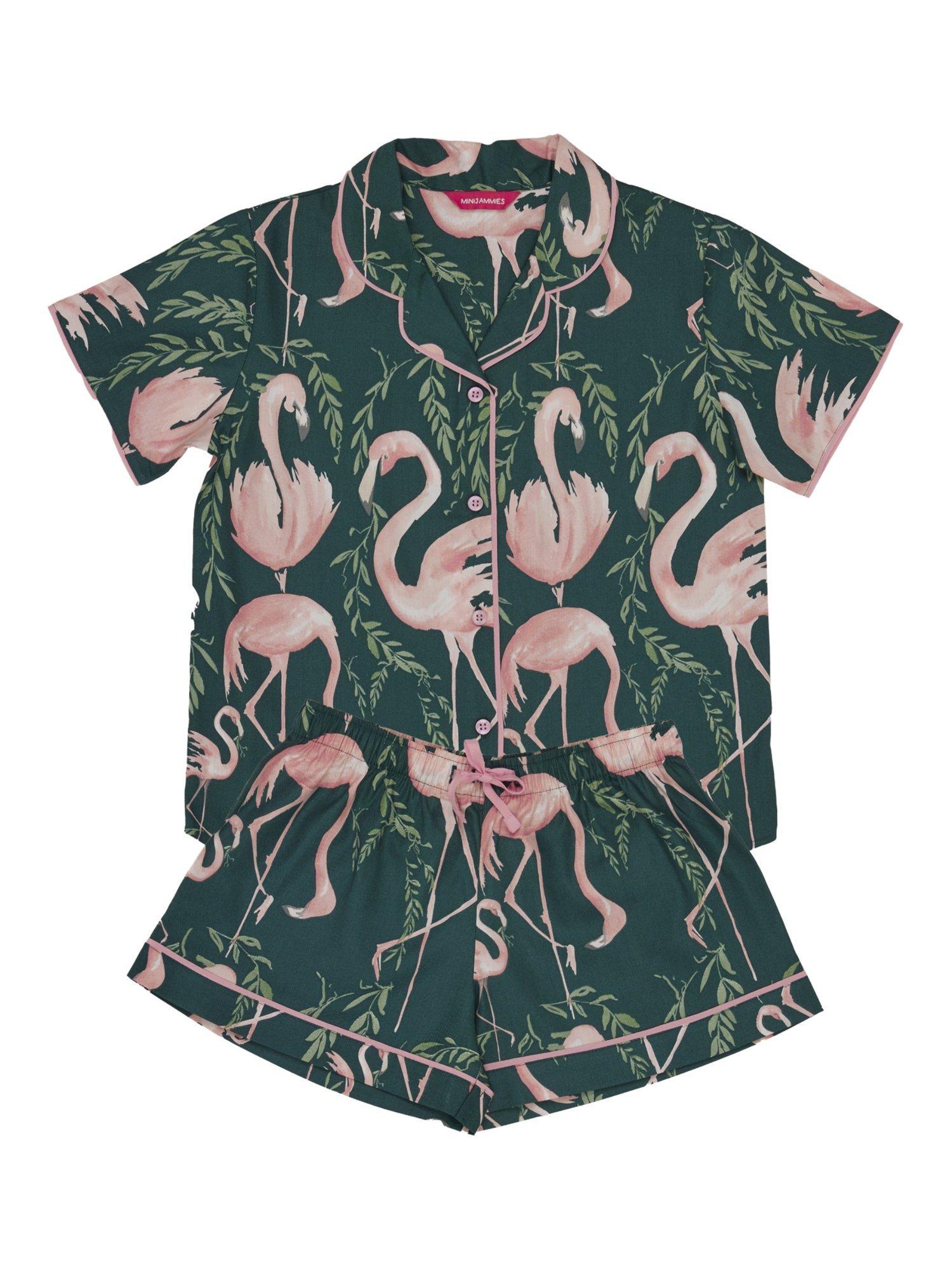 Product image 4 of 4, which shows Minijammies Kids' Flamingo Print Shortie Pyjama Set, Emerald Green/Multi, 2-3 years