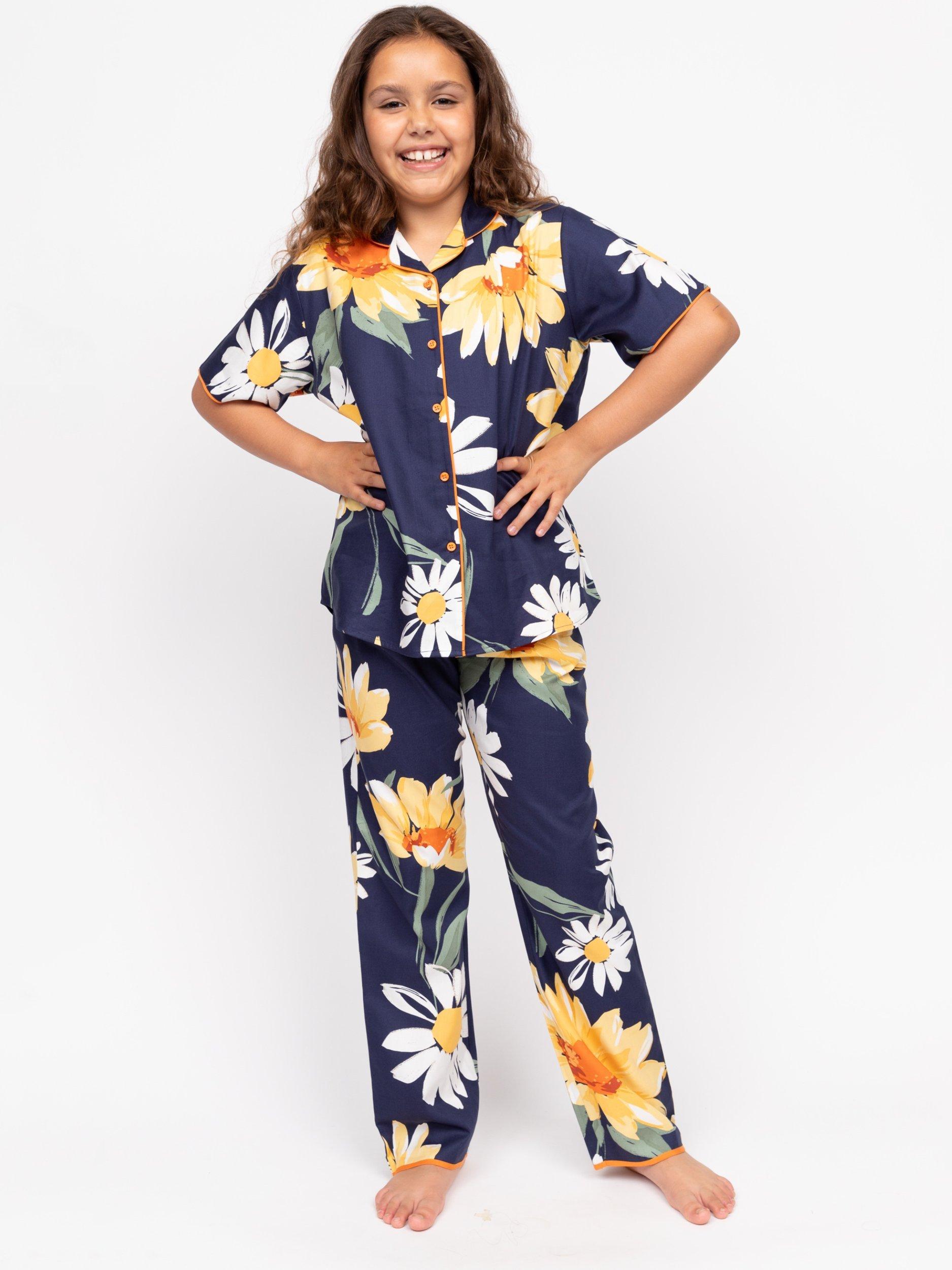 Product image 1 of 4, which shows Minijammies Kids' Floral Print Pyjama Set, Navy/Multi, 2-3 years