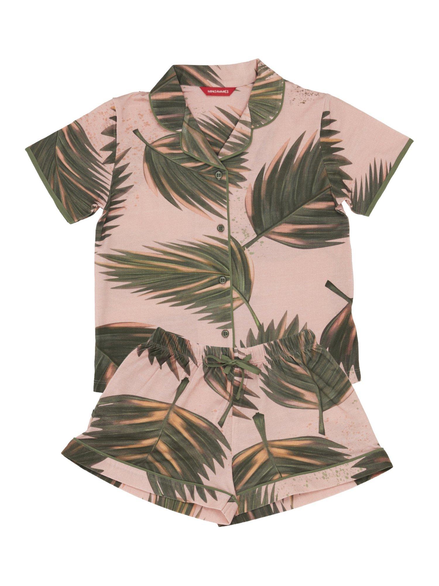 Product image 4 of 4, which shows Minijammies Kids' Palm Leaf Print Shortie Pyjama Set, Salmon Pink/Multi, 2-3 years