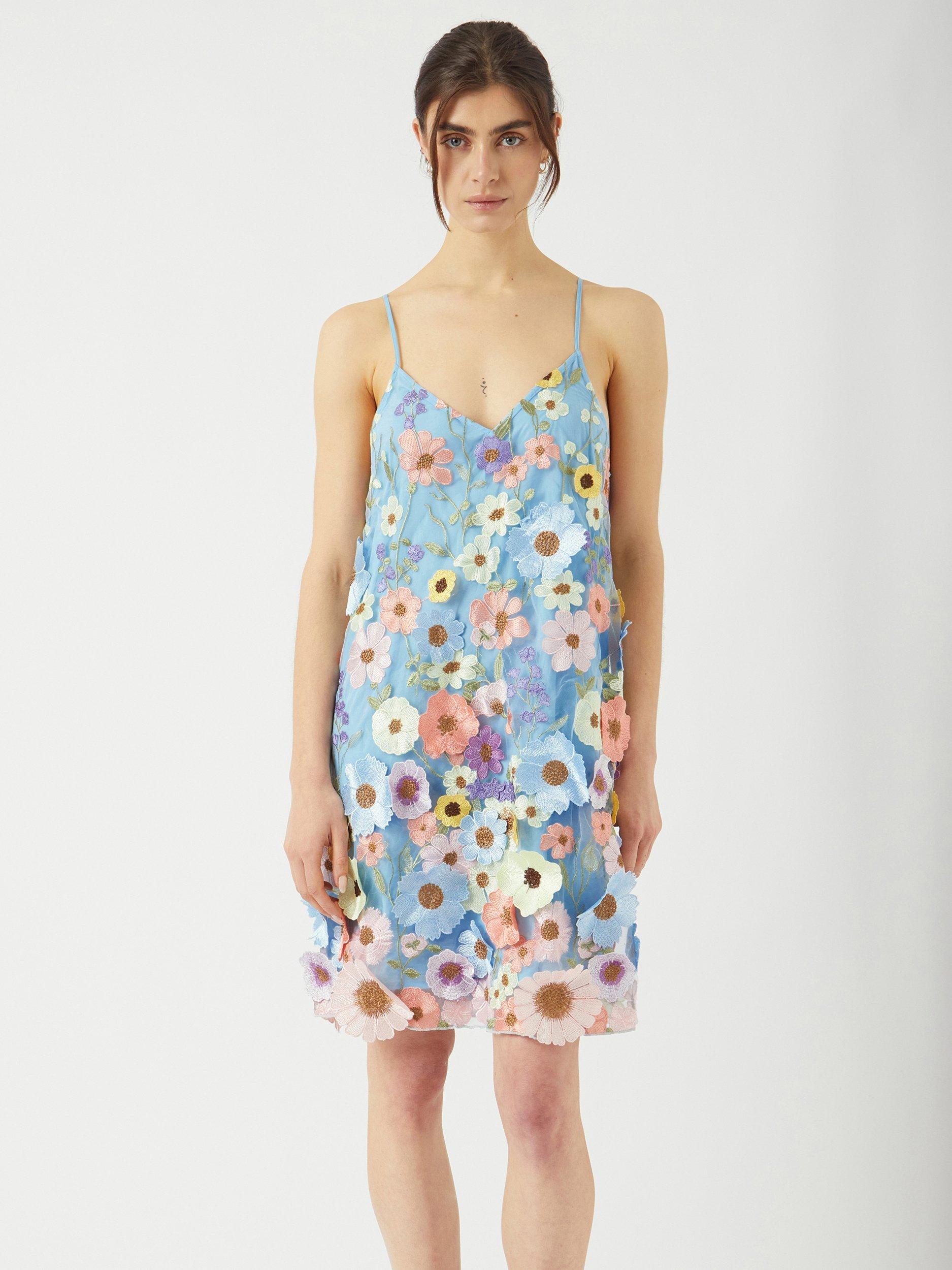 Product image 1 of 6, which shows YAS 3D Floral Strappy Dress, Blue/Multi, 8