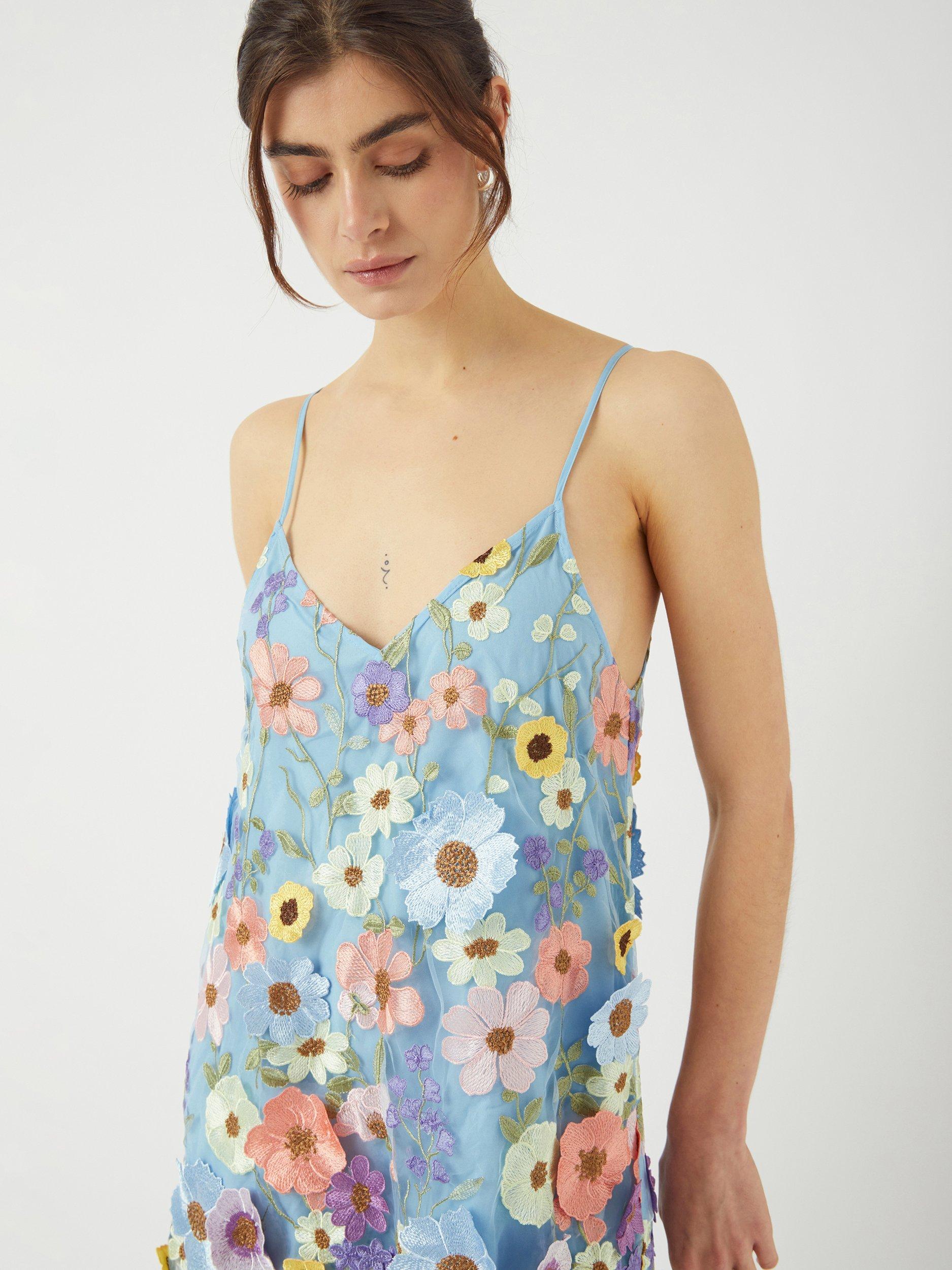 Product image 5 of 6, which shows YAS 3D Floral Strappy Dress, Blue/Multi, 8
