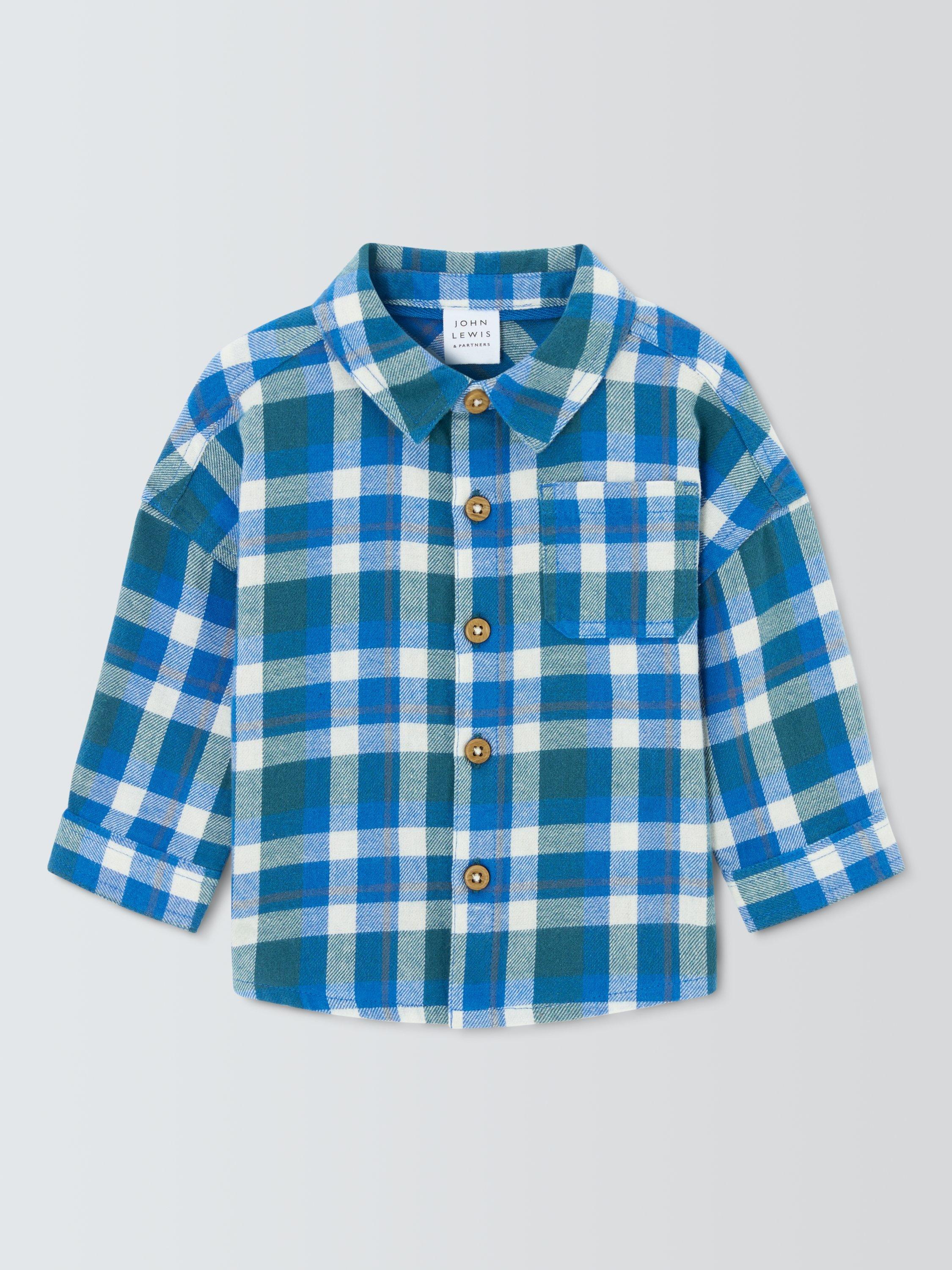 Product image 1 of 3, which shows John Lewis Baby Check Shirt, Blue, 9-12 months