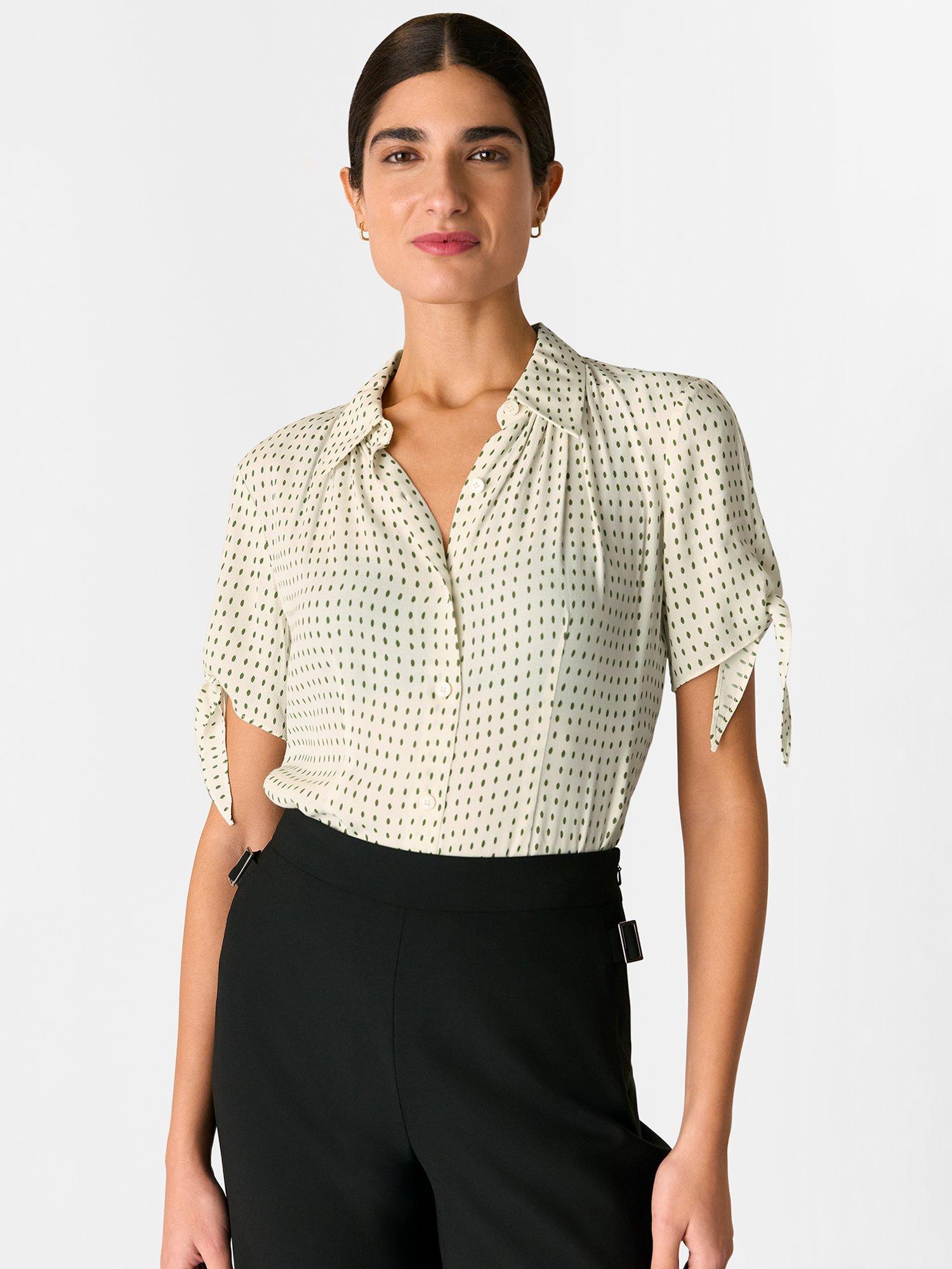 Product image 1 of 6, which shows Whistles Oval Spot Tie Sleeve Blouse, Ivory/Khaki, 6