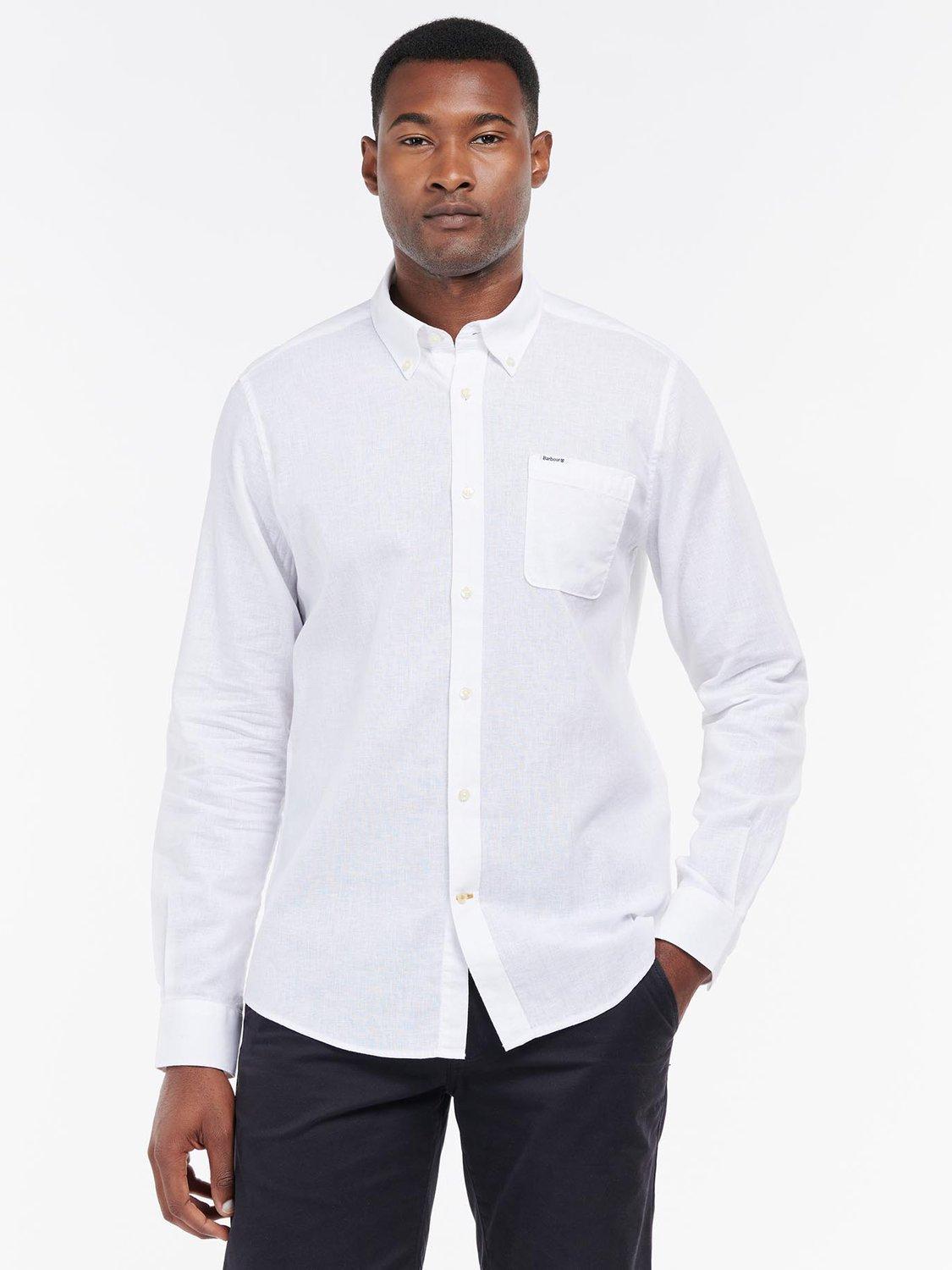 Product image 1 of 7, which shows Barbour Nelson Linen & Cotton Blend Tailored Fit Shirt, White, S