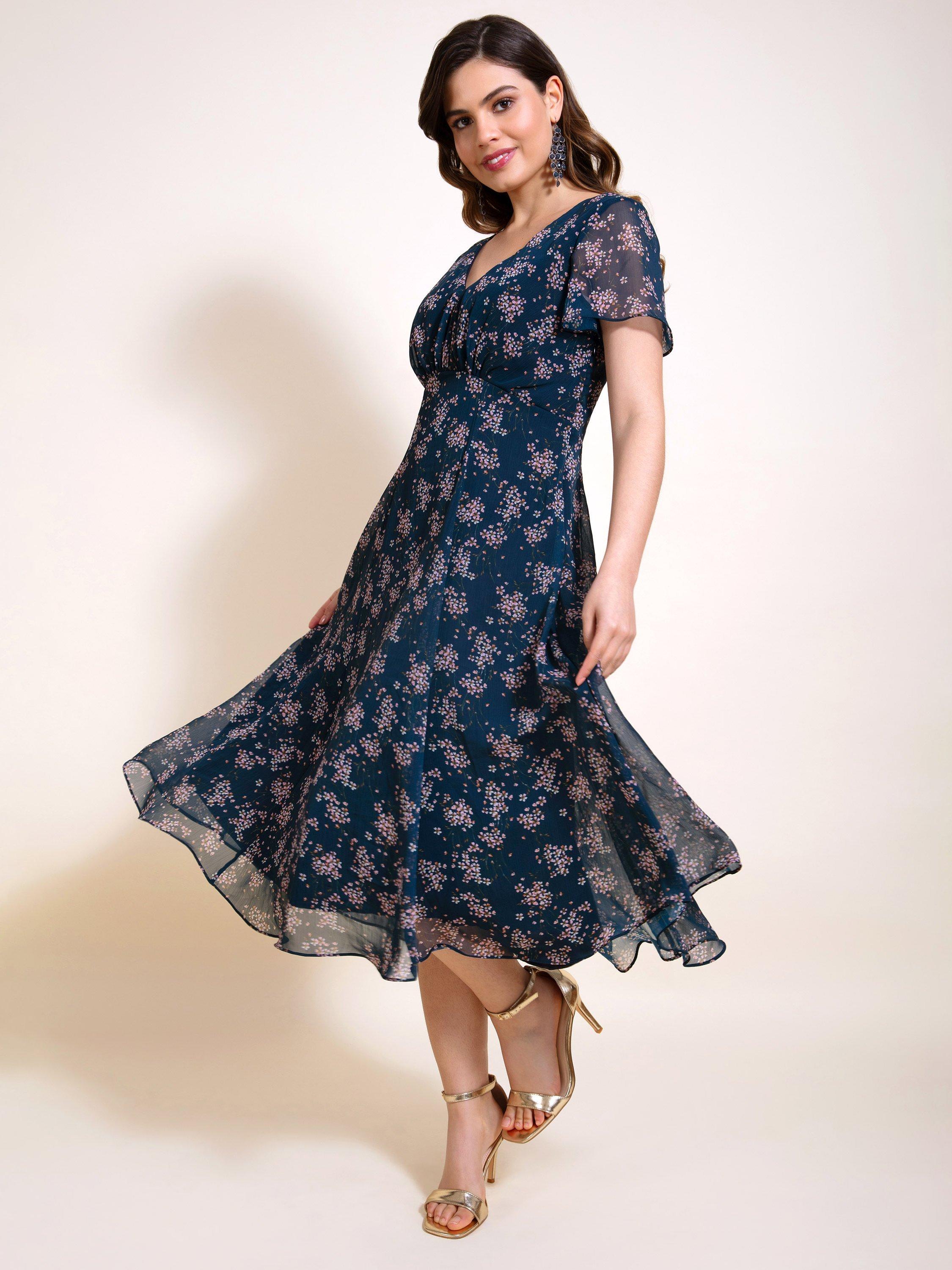 Product image 1 of 9, which shows Alie Street Miranda Floral Chiffon Dress, Navy, 6