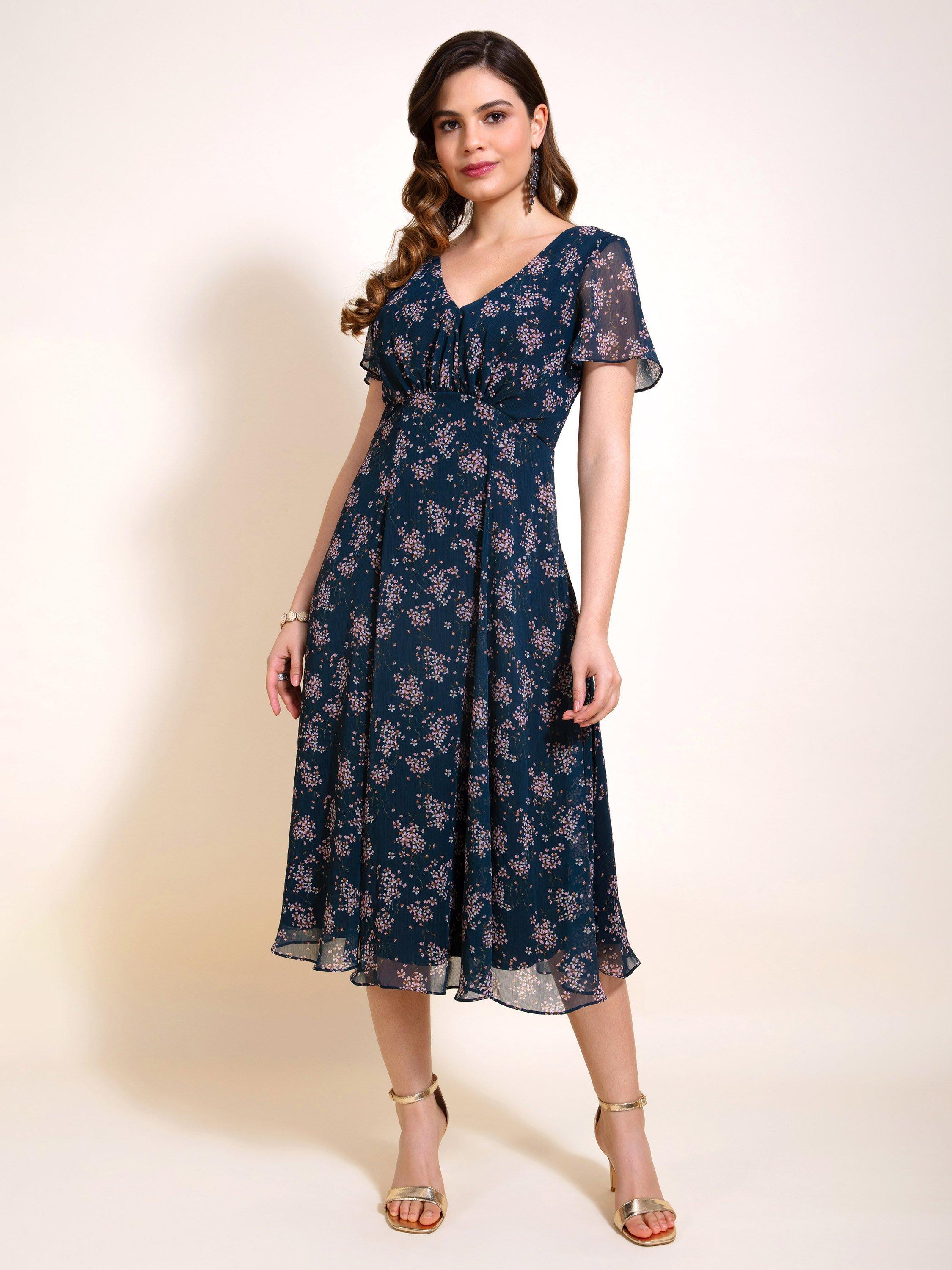Product image 2 of 9, which shows Alie Street Miranda Floral Chiffon Dress, Navy, 6