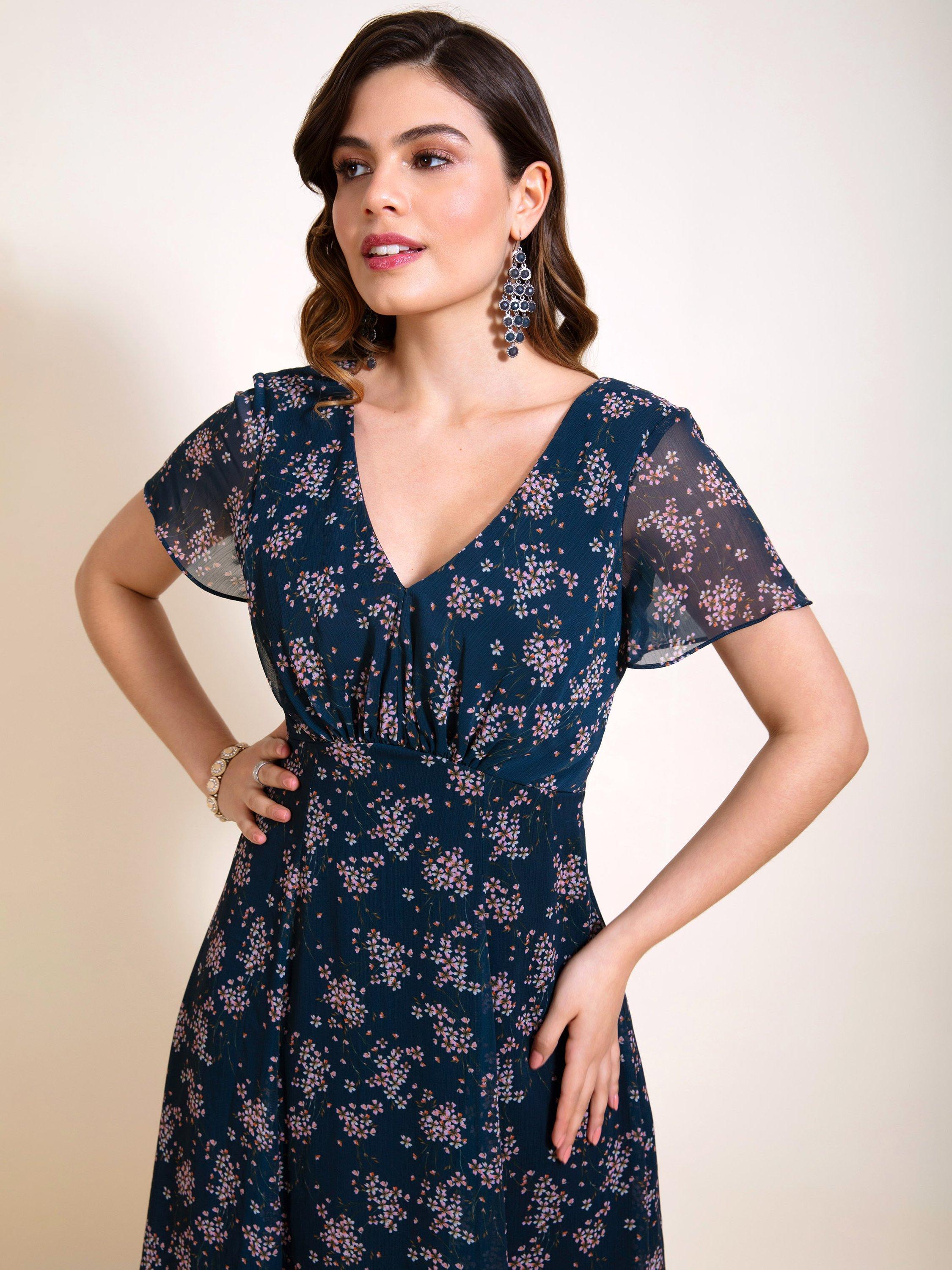 Product image 8 of 9, which shows Alie Street Miranda Floral Chiffon Dress, Navy, 6
