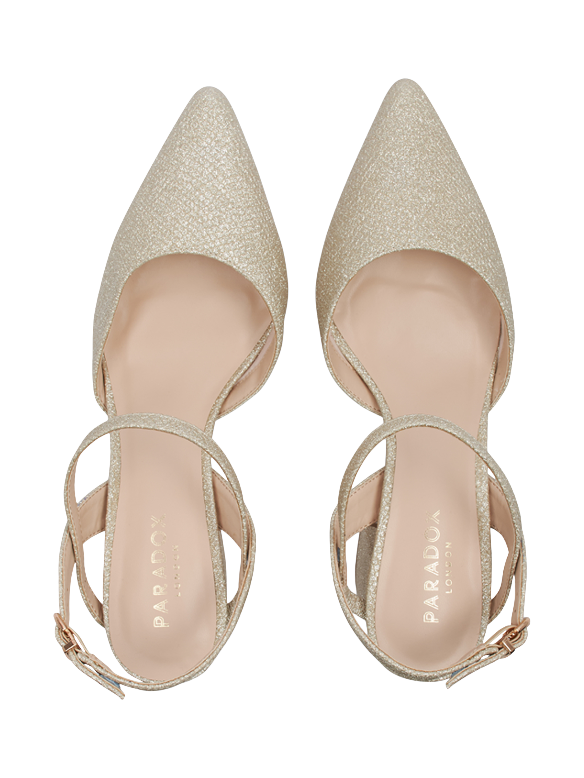 Product image 4 of 6, which shows Paradox London Kendra Mid Block Heel Ankle Strap Pointed Court Shoes, Champagne, 3
