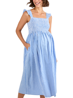 JoJo Maman Bébé Gingham Shirred Maternity Dress, Blue, Blue