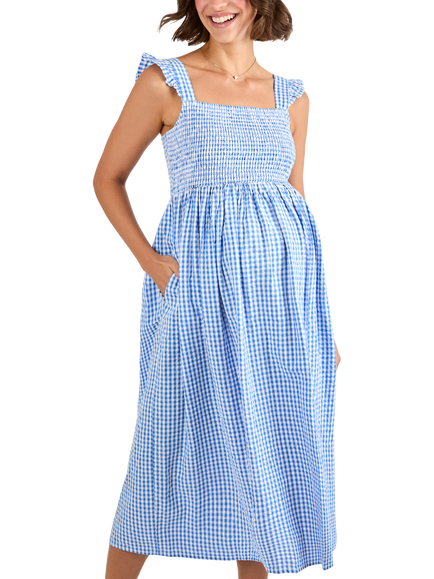 JoJo Maman Bébé Gingham Shirred Maternity Dress, Blue, Blue