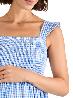 JoJo Maman Bébé Gingham Shirred Maternity Dress, Blue - view 2, Blue