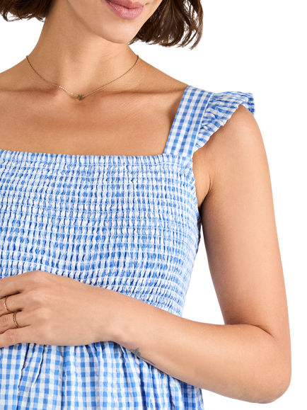 JoJo Maman Bébé Gingham Shirred Maternity Dress, Blue - view 2, Blue