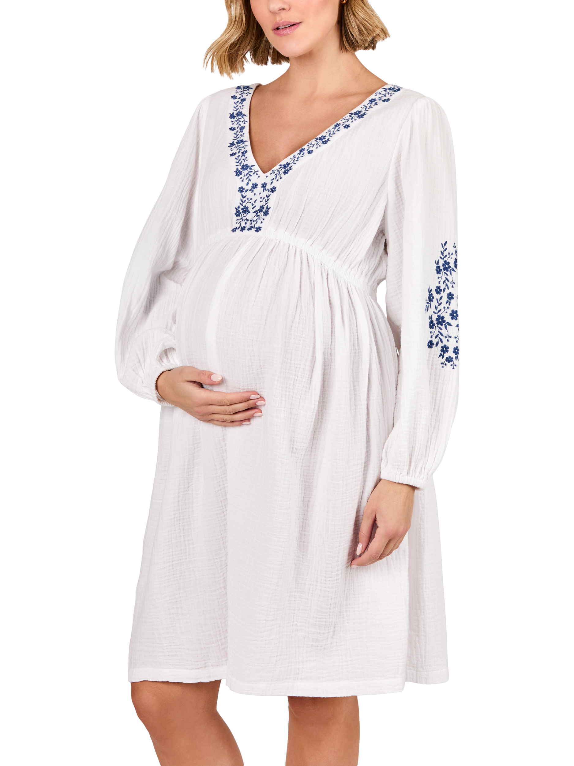 Product image 2 of 4, which shows JoJo Maman Bébé Cotton Embroidered V-Neck Maternity Dress, White, S