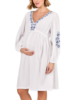 JoJo Maman Bébé Cotton Embroidered V-Neck Maternity Dress, White - view 2, White