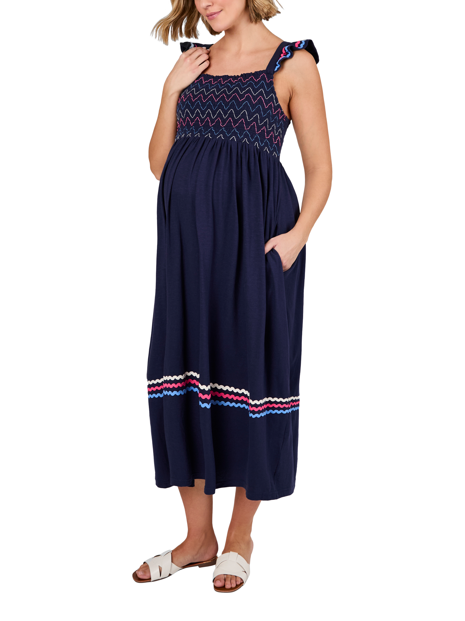 Product image 1 of 4, which shows JoJo Maman Bébé Cotton Jersey Shirred Maternity Midi Dress, Navy, S