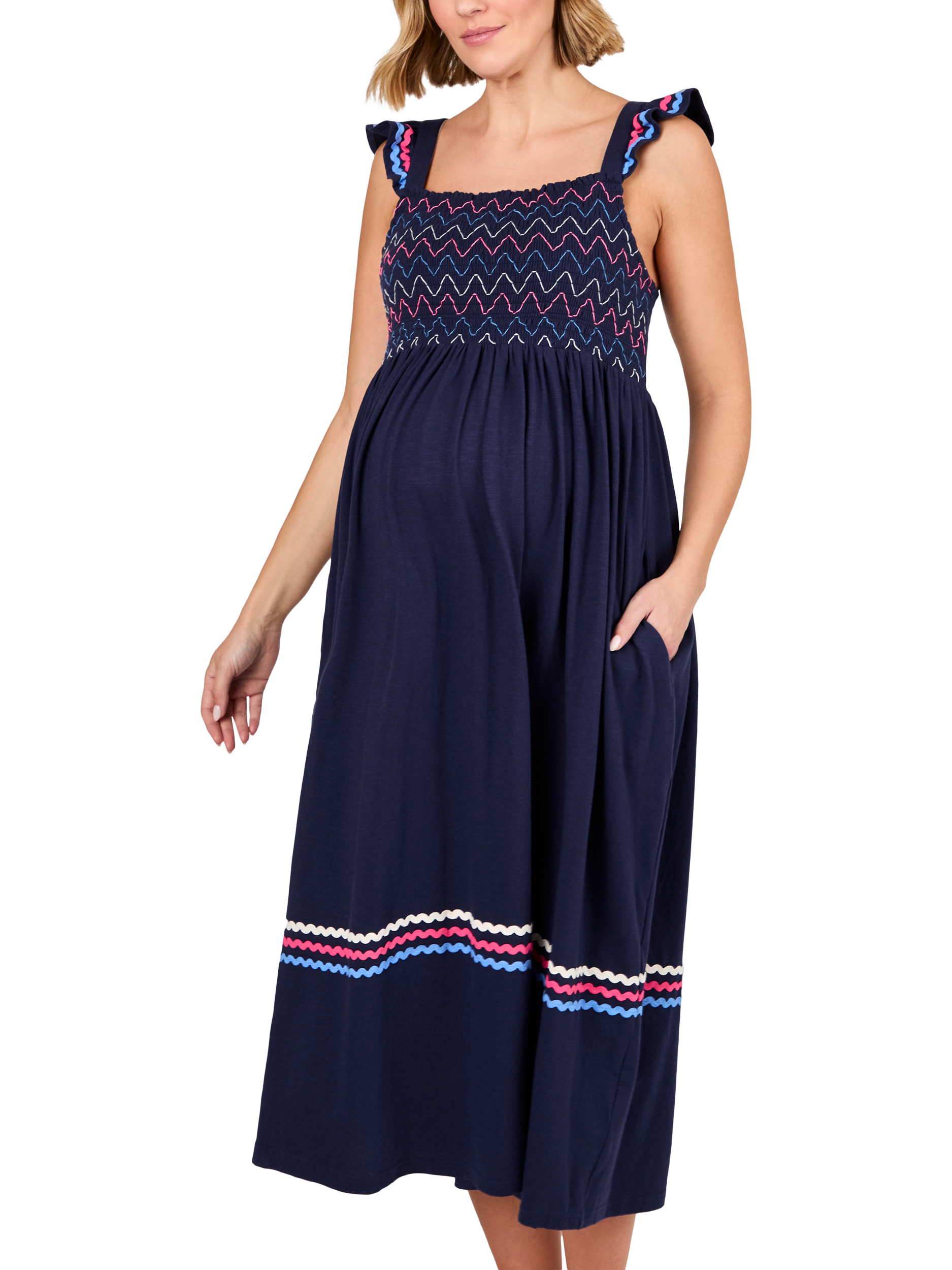 Product image 2 of 4, which shows JoJo Maman Bébé Cotton Jersey Shirred Maternity Midi Dress, Navy, S