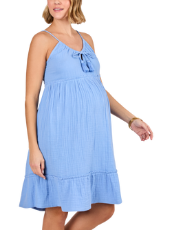 JoJo Maman Bébé Cotton Spaghetti Strap Maternity Dress, Blue - view 2, Blue