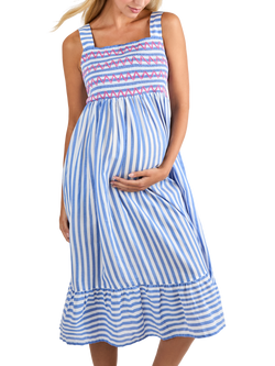 JoJo Maman Bébé Stripe Shirred Zig Zag Maternity Dress, Blue/Multi, Blue/Multi