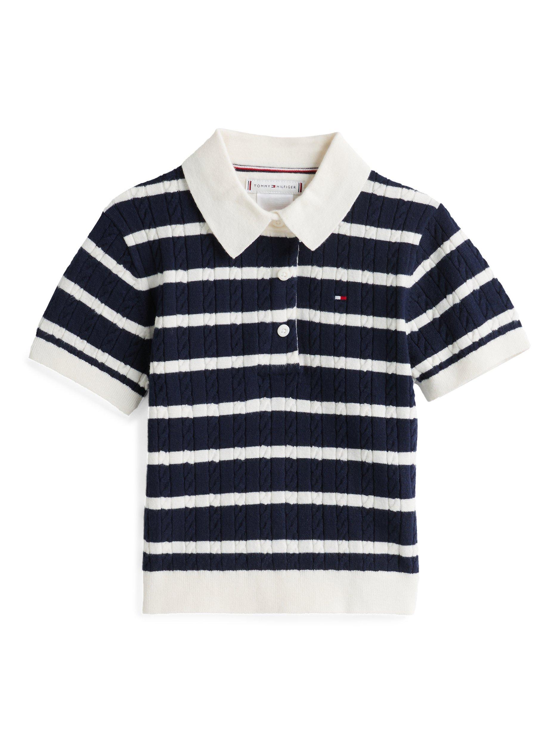 Product image 1 of 7, which shows Tommy Hilfiger Kids' Adaptive Collection Organic Cotton Stripe Polo Shirt, Dark Night Navy/Multi, 6 years