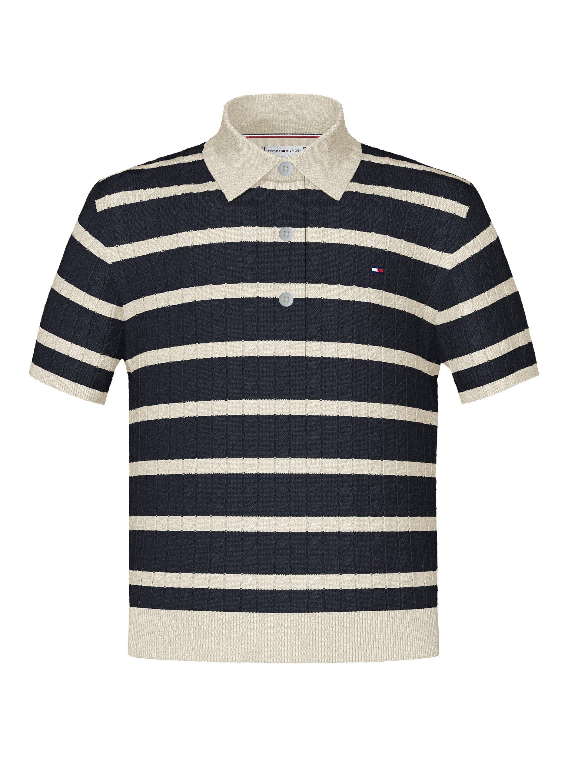 Product image 4 of 7, which shows Tommy Hilfiger Kids' Adaptive Collection Organic Cotton Stripe Polo Shirt, Dark Night Navy/Multi, 6 years