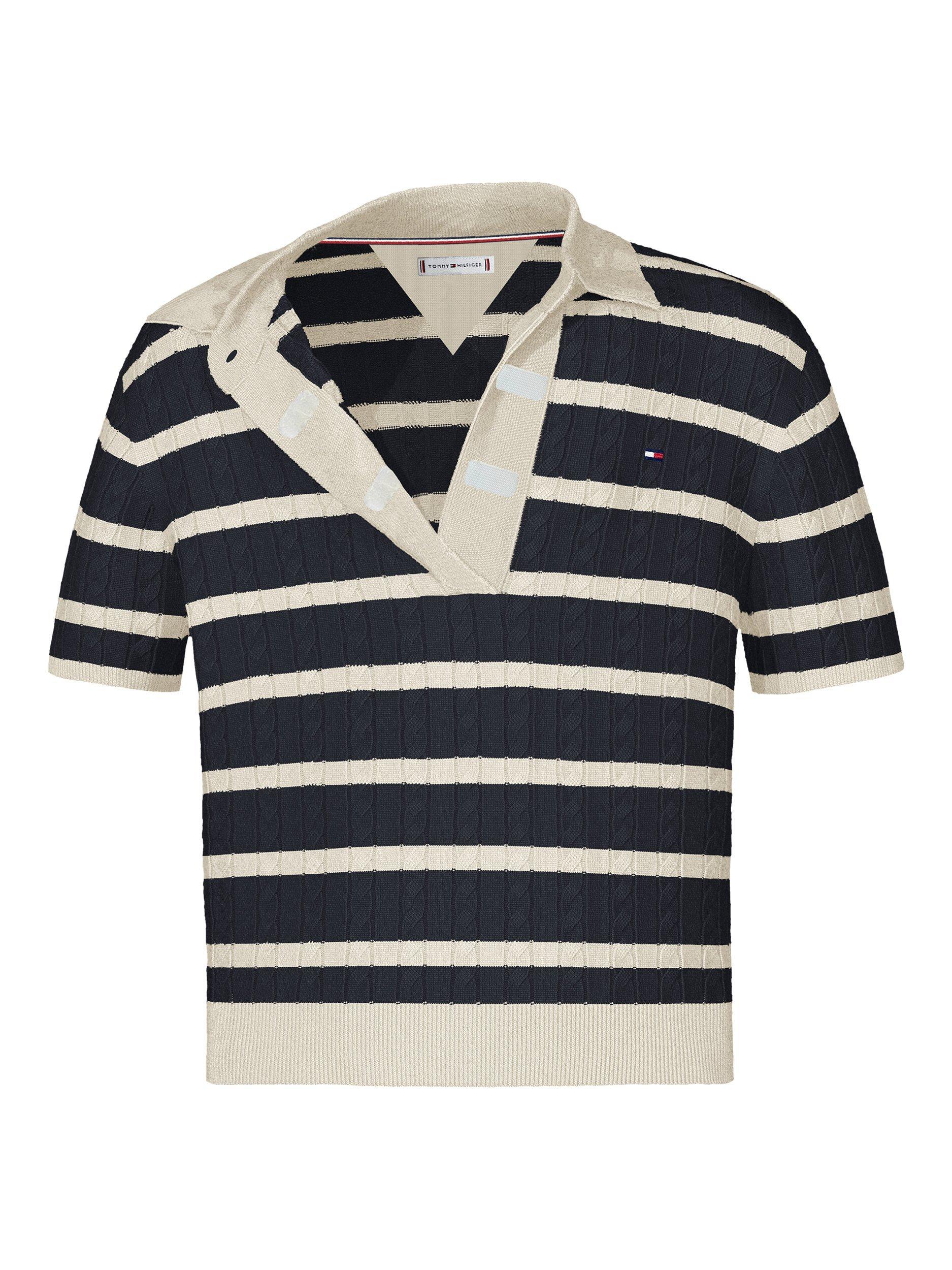 Product image 6 of 7, which shows Tommy Hilfiger Kids' Adaptive Collection Organic Cotton Stripe Polo Shirt, Dark Night Navy/Multi, 6 years
