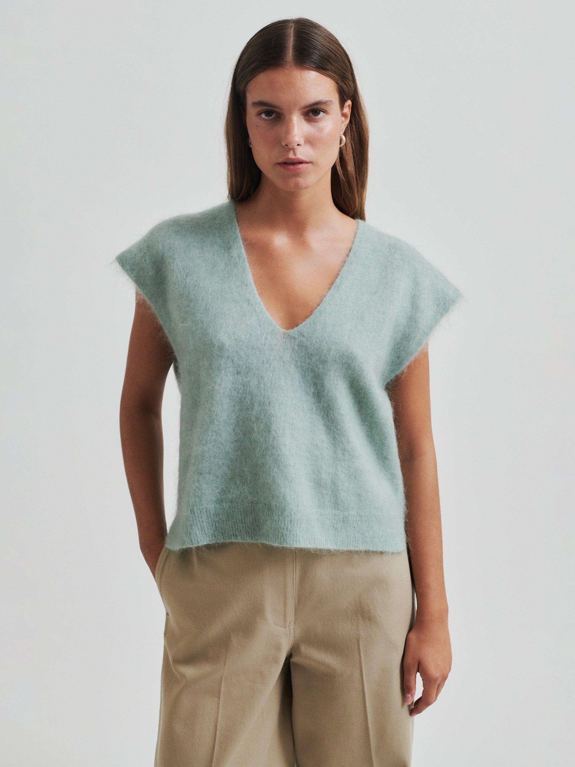 Product image 2 of 6, which shows Second Female Camryn Fluffy Wool Rich V-Neck Knit Top, Light Green, XS