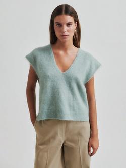 Second Female Camryn Fluffy Wool Rich V-Neck Knit Top, Light Green - view 2, Light Green