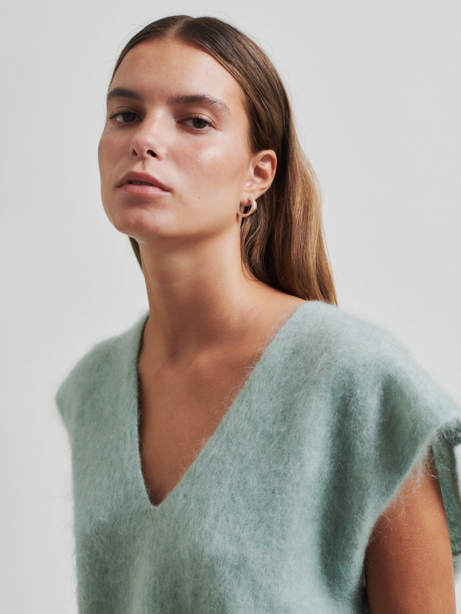 Product image 3 of 6, which shows Second Female Camryn Fluffy Wool Rich V-Neck Knit Top, Light Green, XS