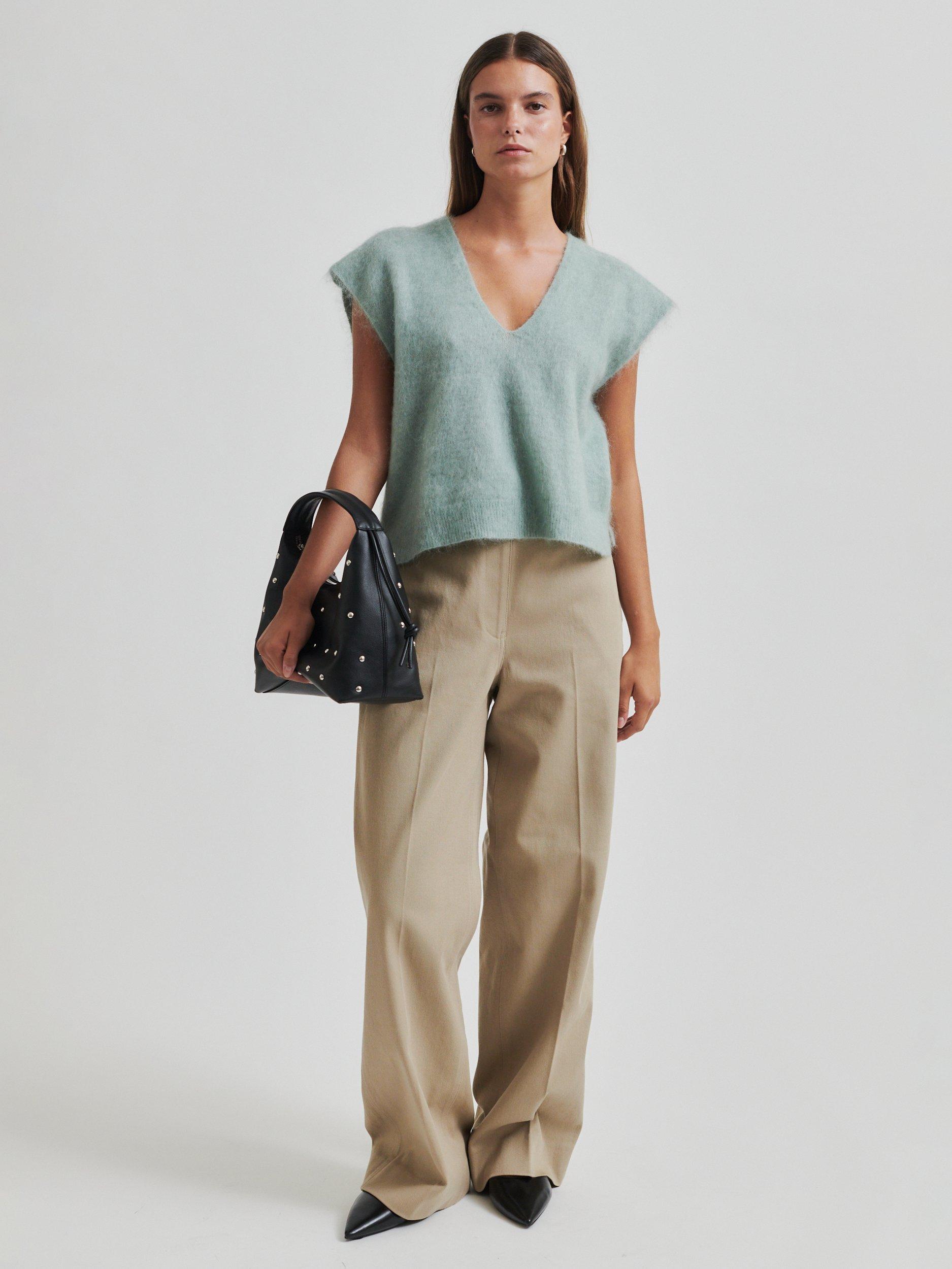 Product image 1 of 6, which shows Second Female Camryn Fluffy Wool Rich V-Neck Knit Top, Light Green, XS