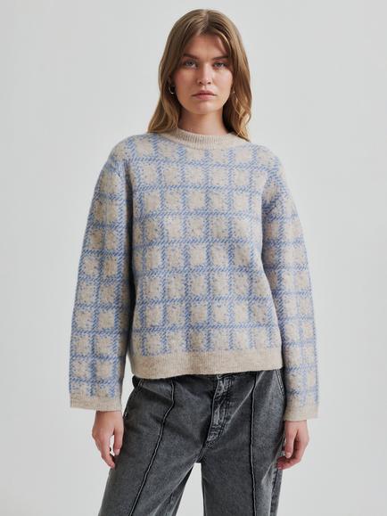 Second Female Lugano Check Wool Rich Jumper, Marina - view 2, Marina
