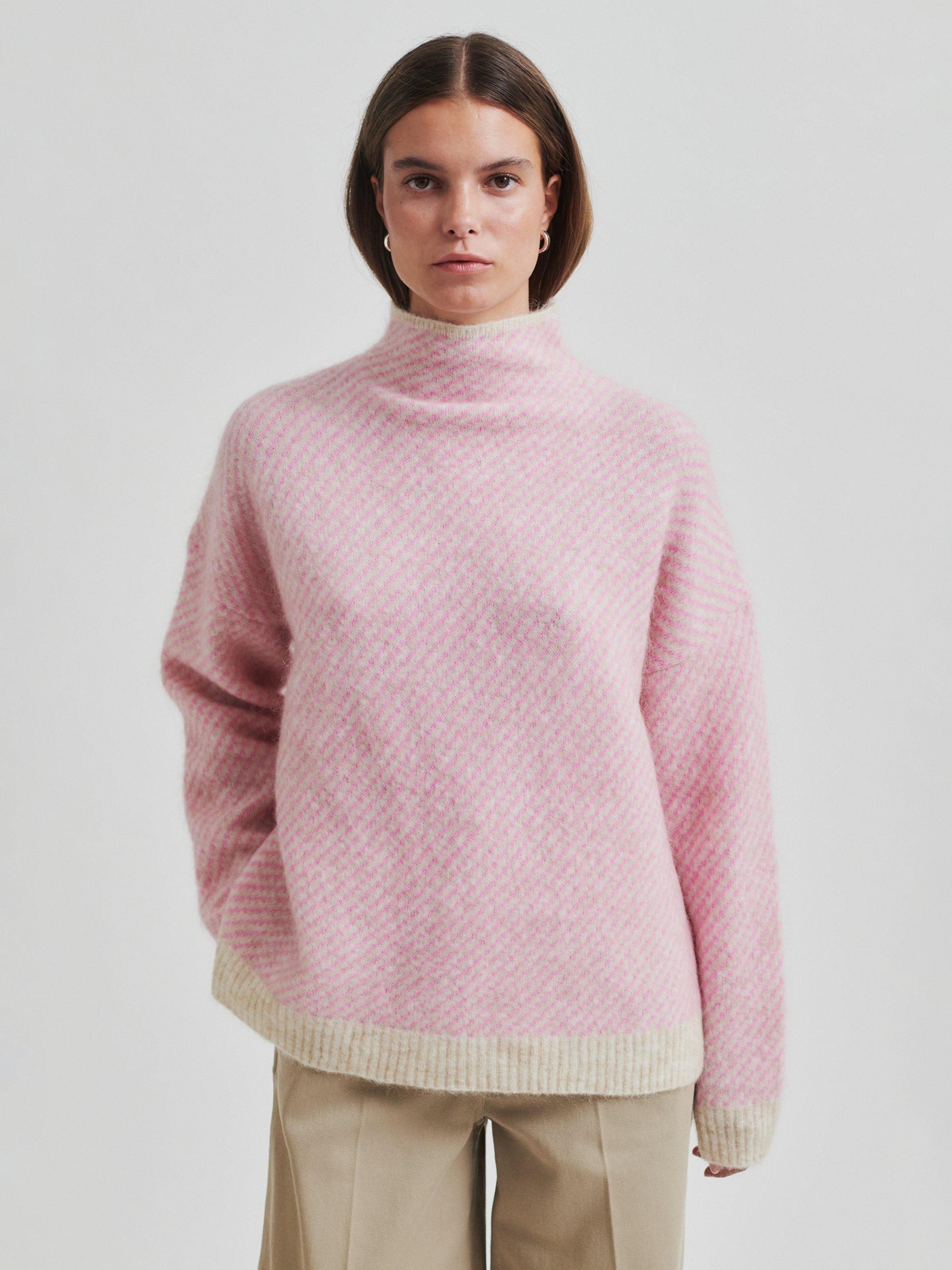 Product image 3 of 6, which shows Second Female Capella Wool Rich Turtleneck Jumper, Pink/White, XS