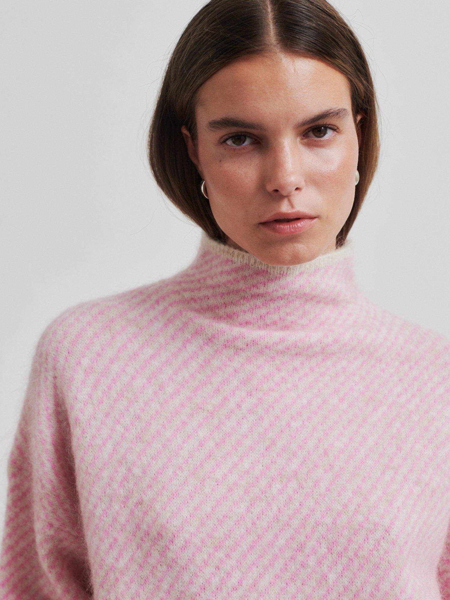 Product image 2 of 6, which shows Second Female Capella Wool Rich Turtleneck Jumper, Pink/White, XS