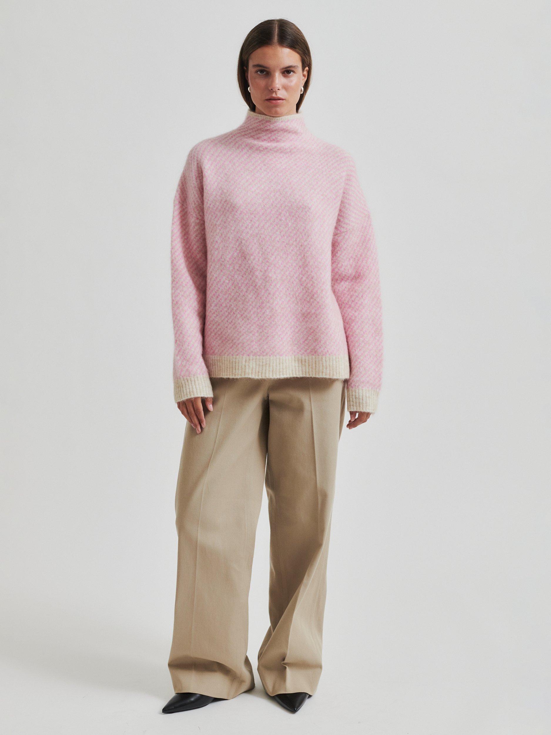 Product image 1 of 6, which shows Second Female Capella Wool Rich Turtleneck Jumper, Pink/White, XS