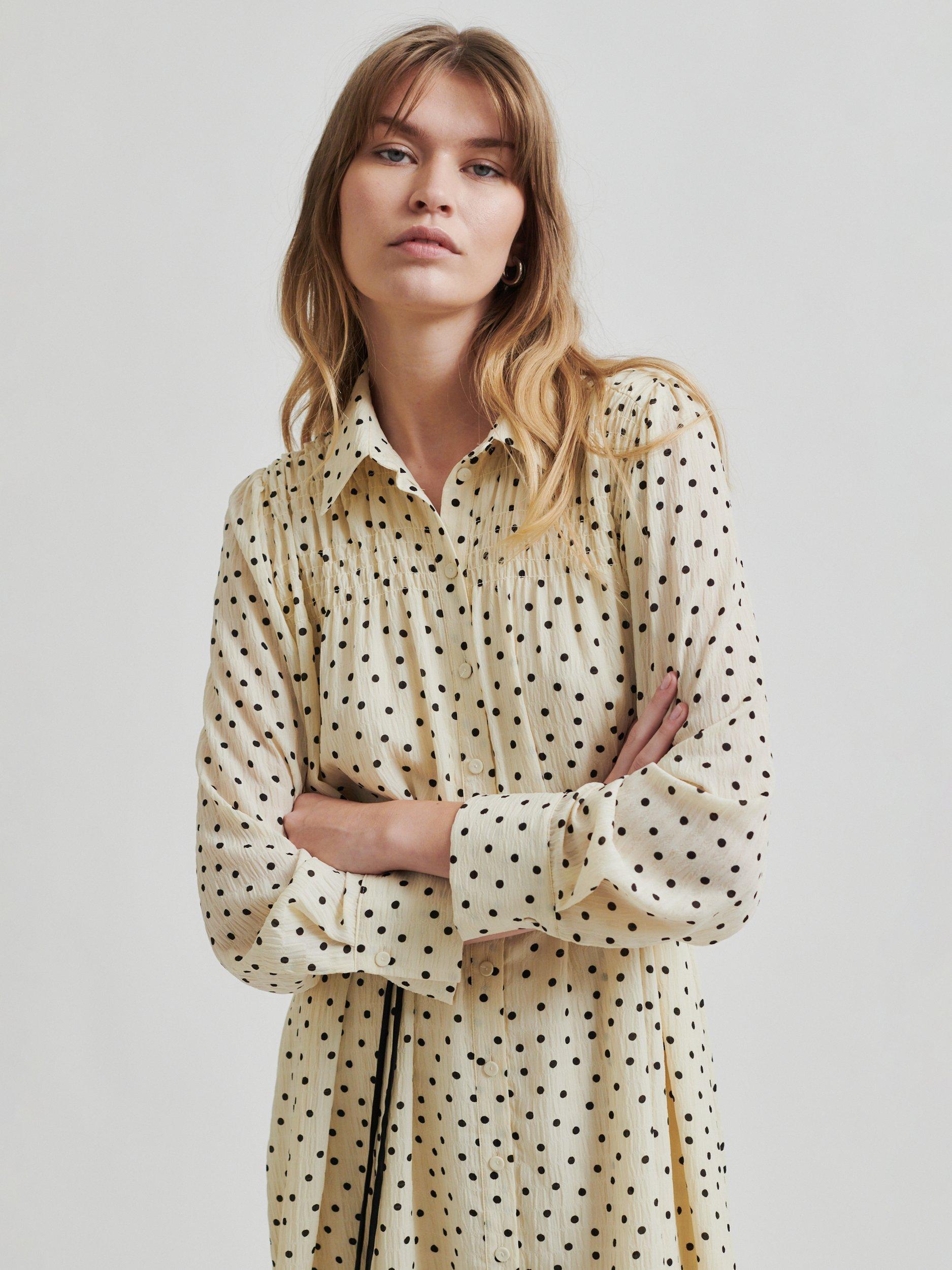 Product image 2 of 6, which shows Second Female Tuva Polka Dot Dress, Summer Sand, XS