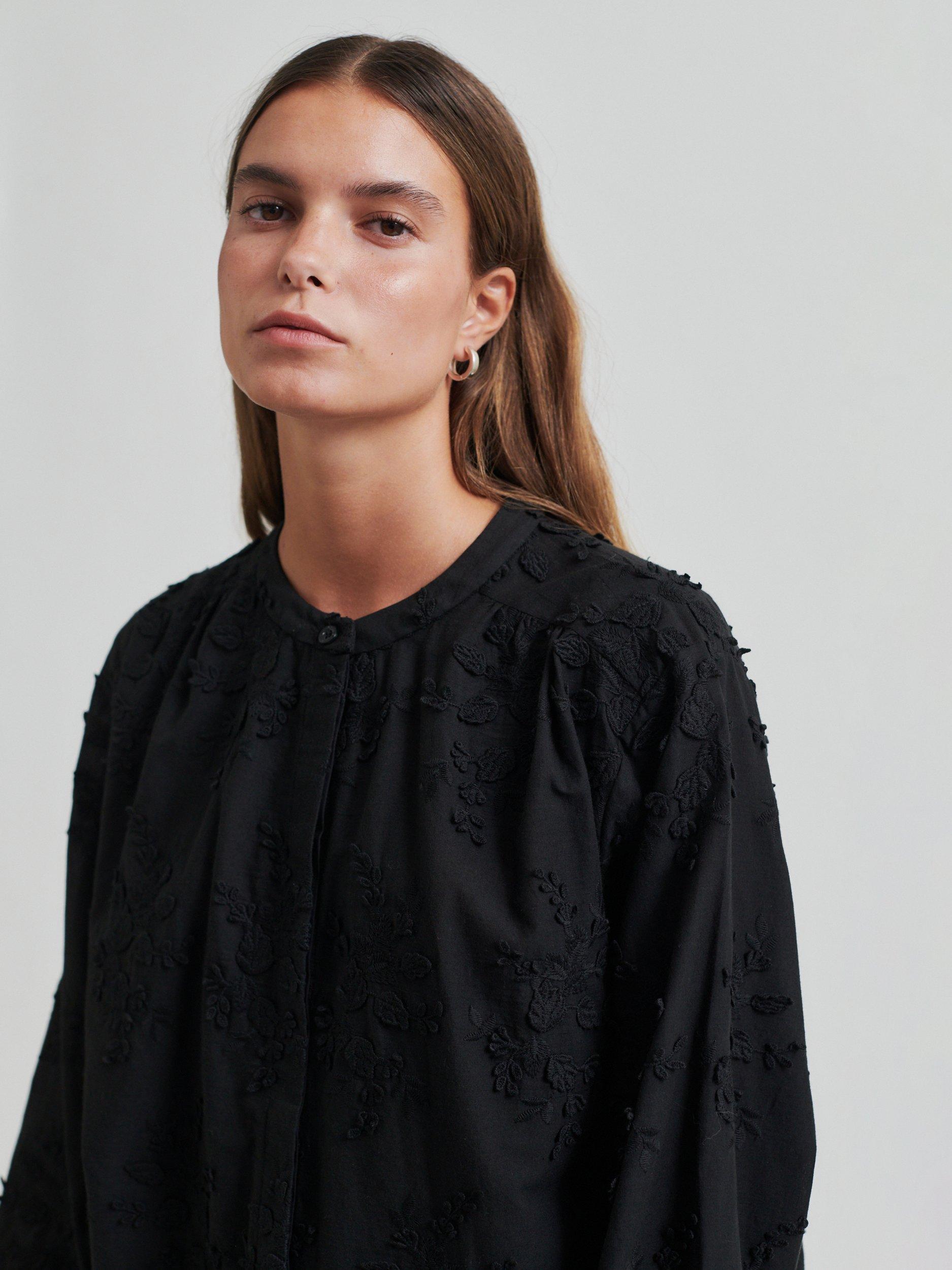 Product image 6 of 7, which shows Second Female Cavan Textured Floral Organic Cotton Shirt, Black, XS