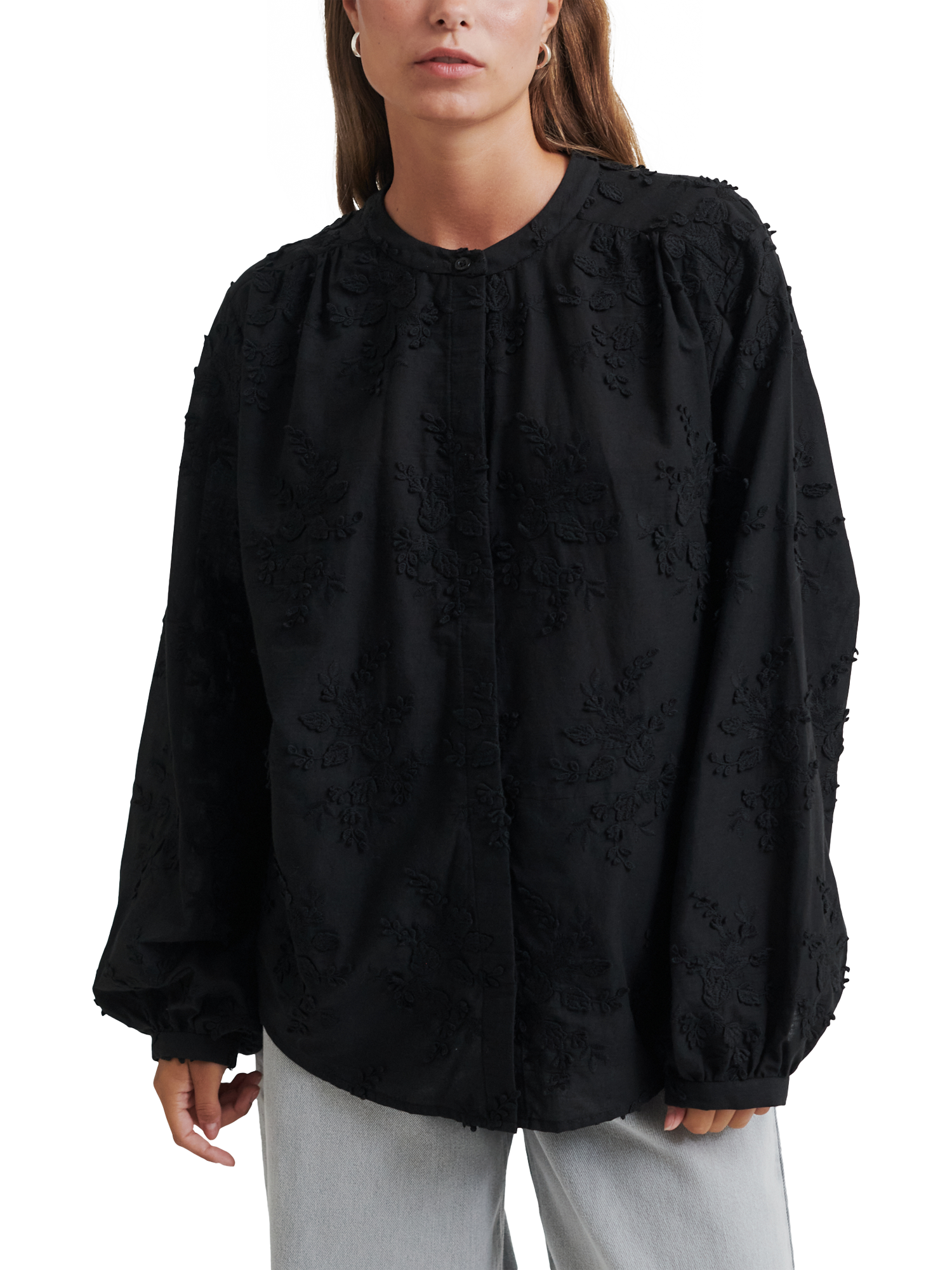 Product image 1 of 5, which shows Second Female Cavan Textured Floral Organic Cotton Shirt, Black, XS