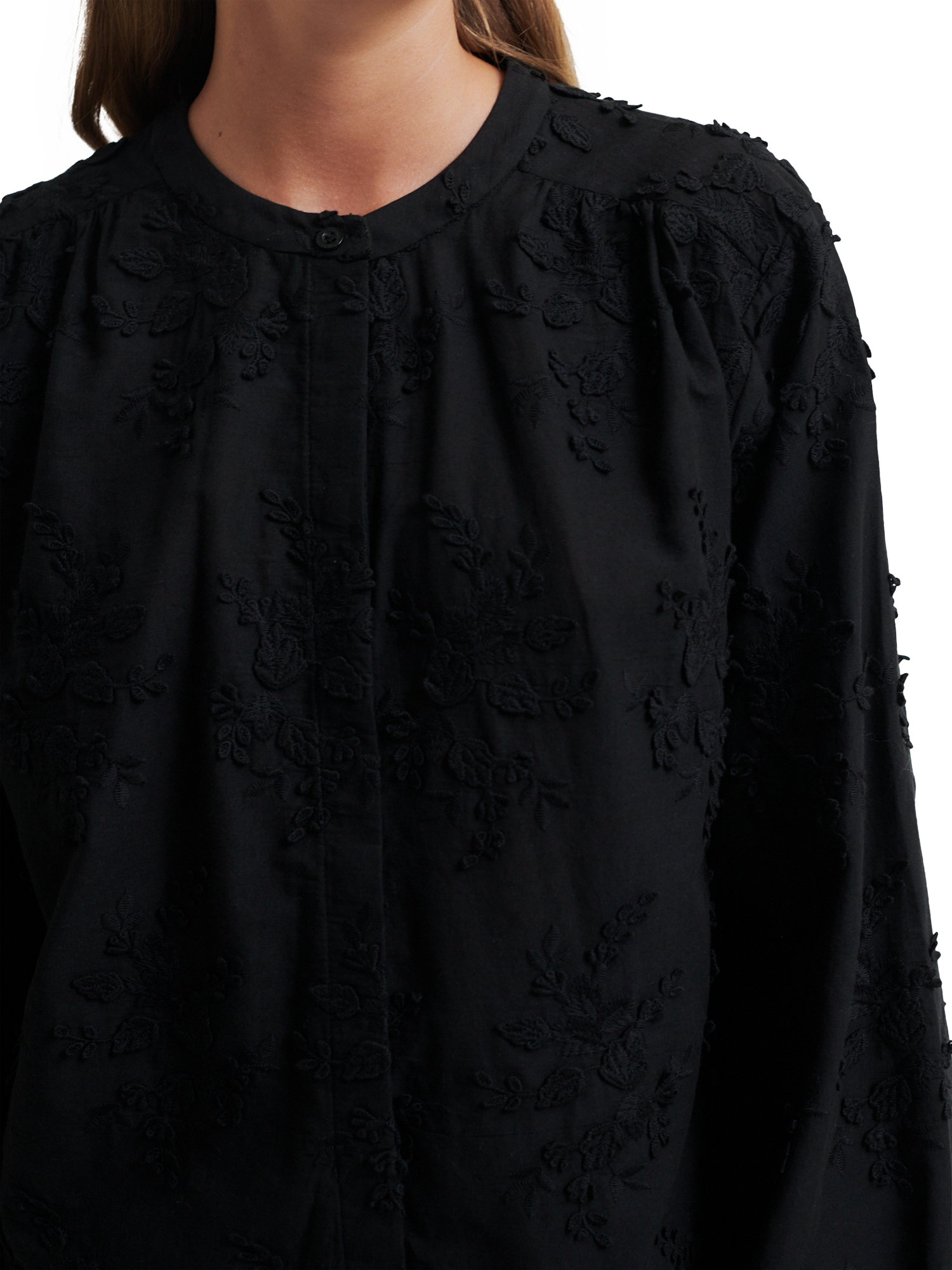 Product image 2 of 5, which shows Second Female Cavan Textured Floral Organic Cotton Shirt, Black, XS