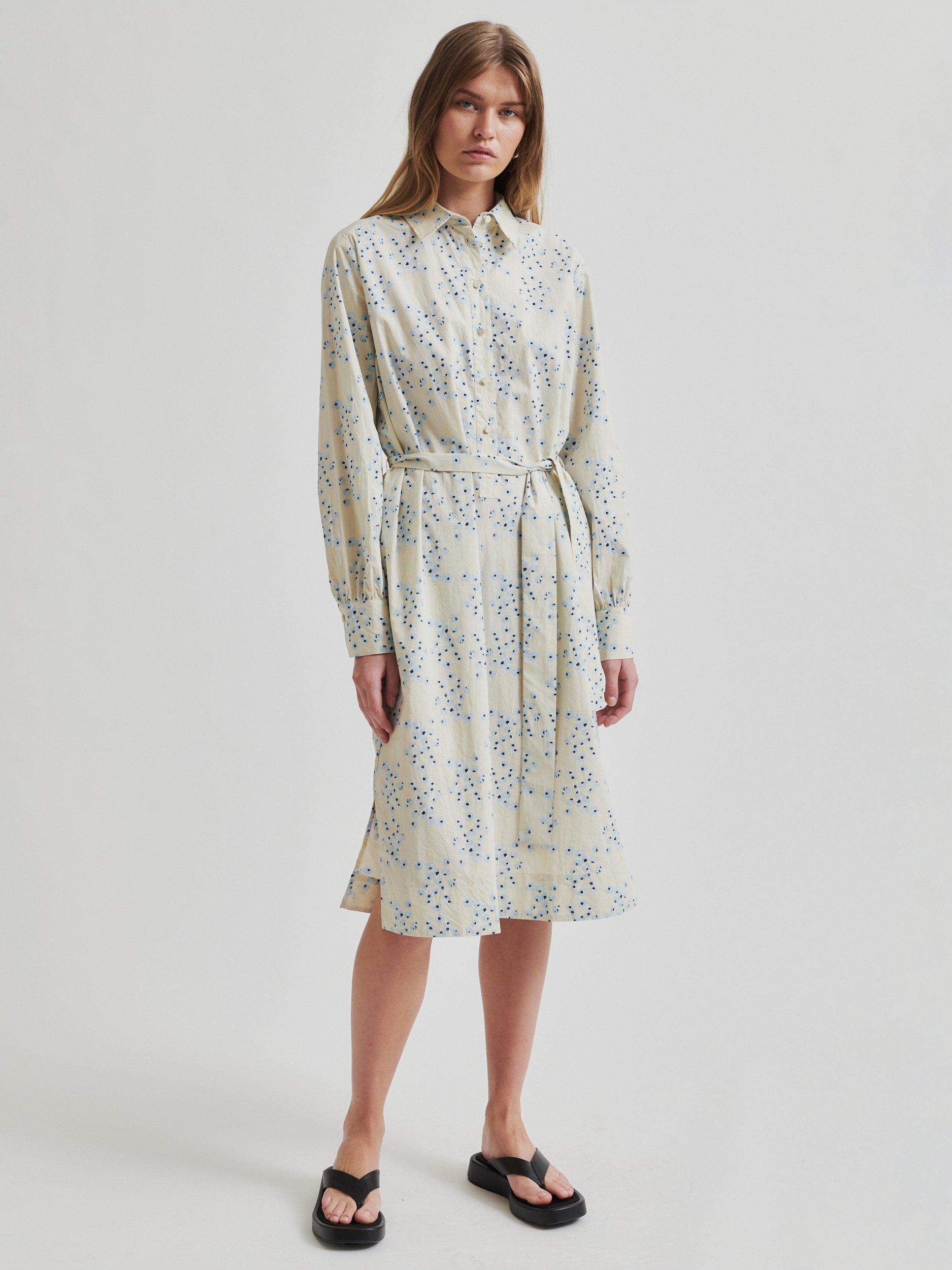 Product image 1 of 3, which shows Second Female Claud Pure Organic Cotton Floral Dress, Natural/Blue, XS