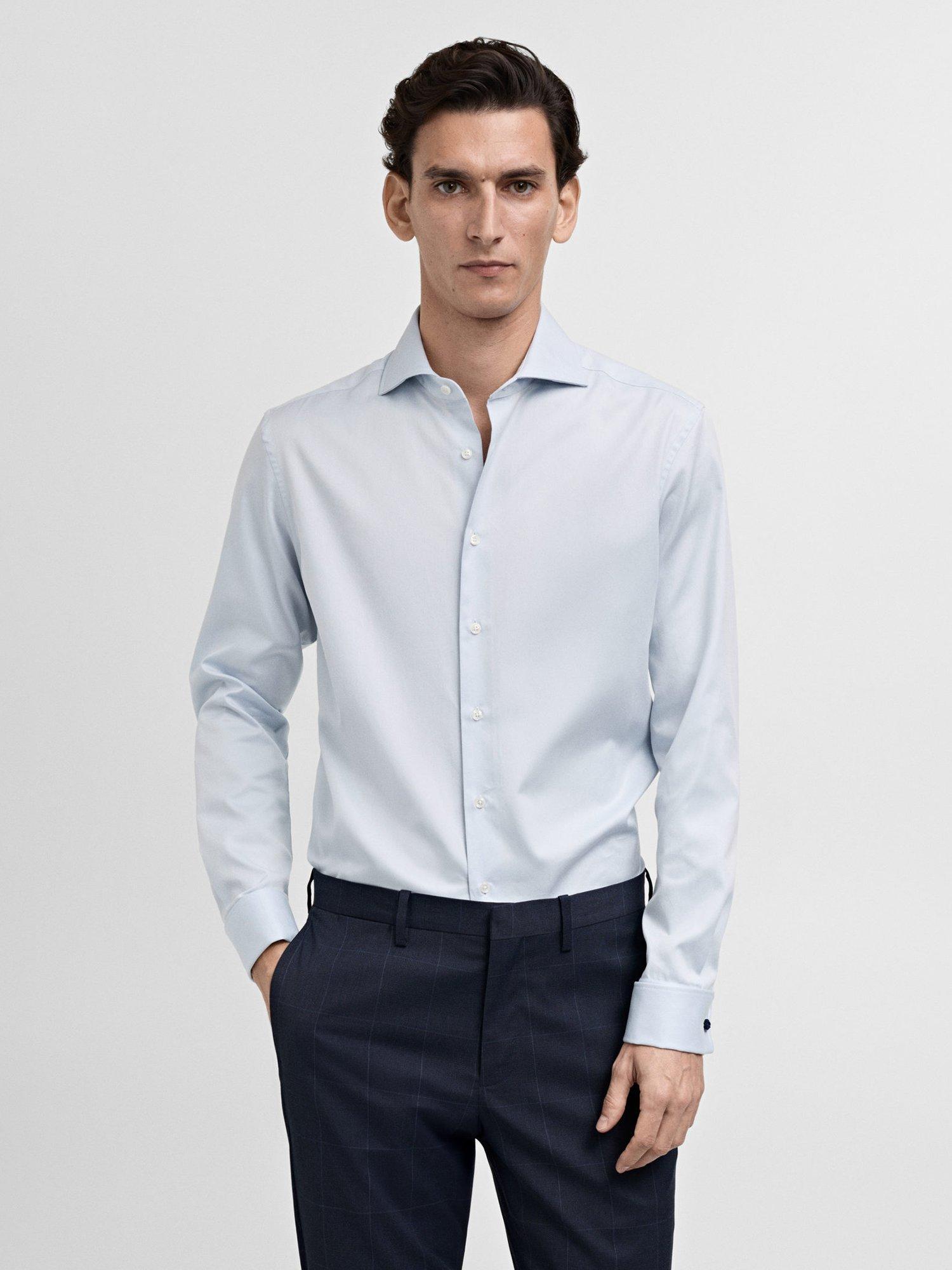 Product image 1 of 8, which shows Mango Masnou Cotton Slim Fit Shirt, Pastel Blue, L