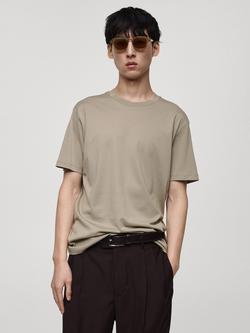 Mango Bellow Cotton Regular Fit Short Sleeve T-Shirt, Beige, Beige