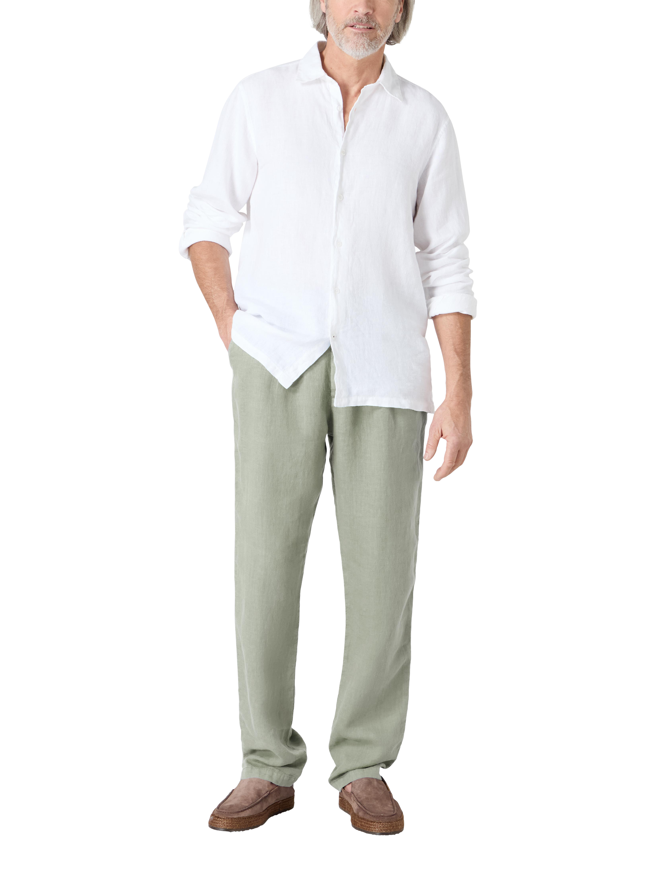 Product image 2 of 4, which shows Oliver Sweeney Frome Linen Drawstring Relaxed Fit Trousers, Olive, 30R