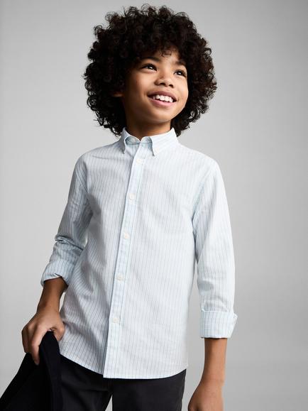 Mango Kids' Stripe Long Sleeve Oxford Shirt, Turquoise, Turquoise