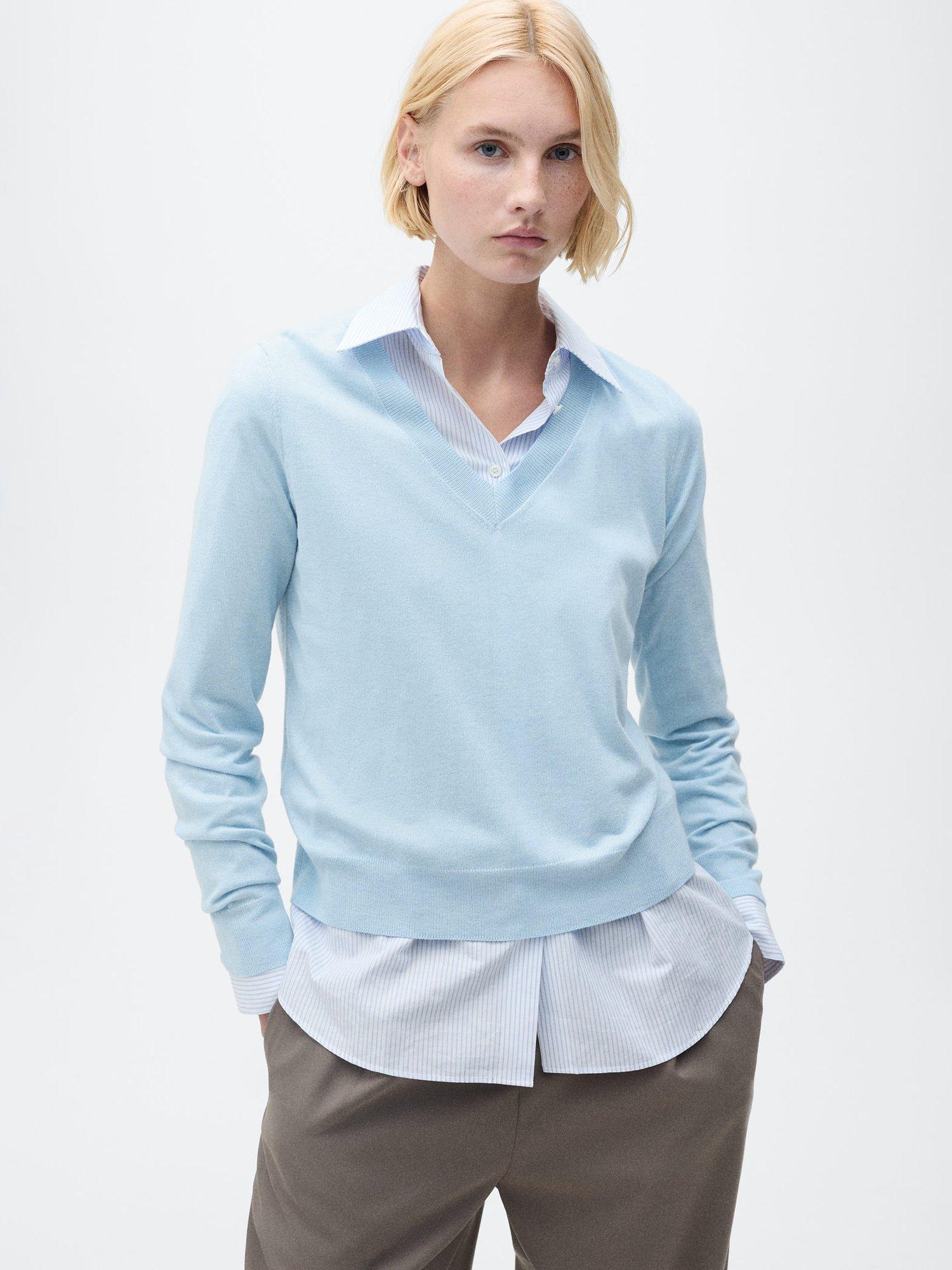 Product image 1 of 8, which shows Mango Lukav V-Neck Jumper, Light Pastel Blue, S